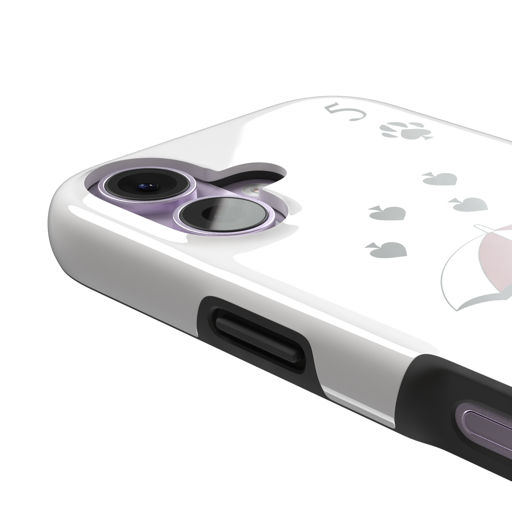 Five of Spades phone case in white with two cartoon cats under a burgundy umbrella, black falling hearts and paw print spade symbols — white colorway variant, phone case by Caselier — tough case, volume buttons detail