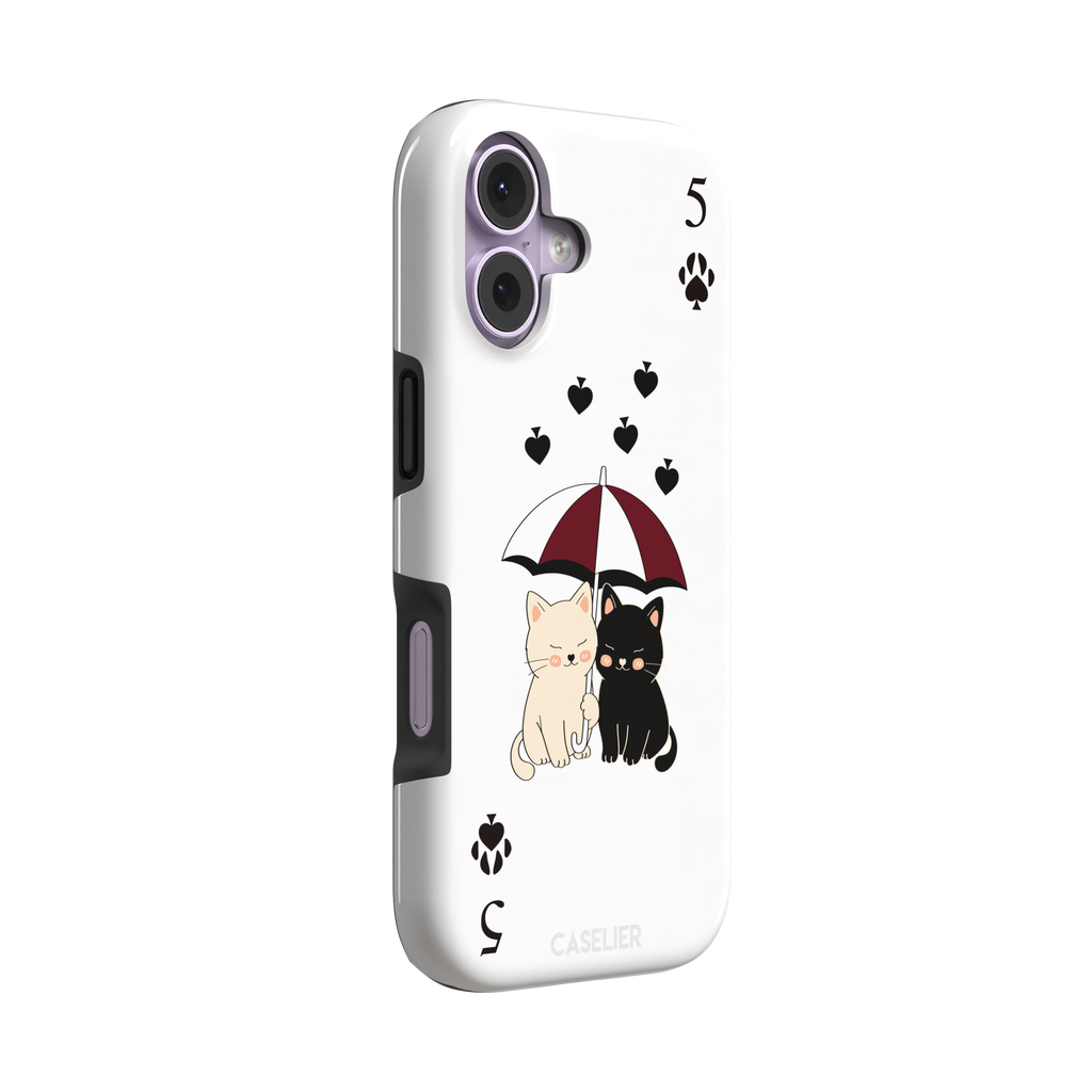 Five of Spades phone case in white with two cartoon cats under a burgundy umbrella, black falling hearts and paw print spade symbols — white colorway variant, phone case by Caselier — tough case, left view