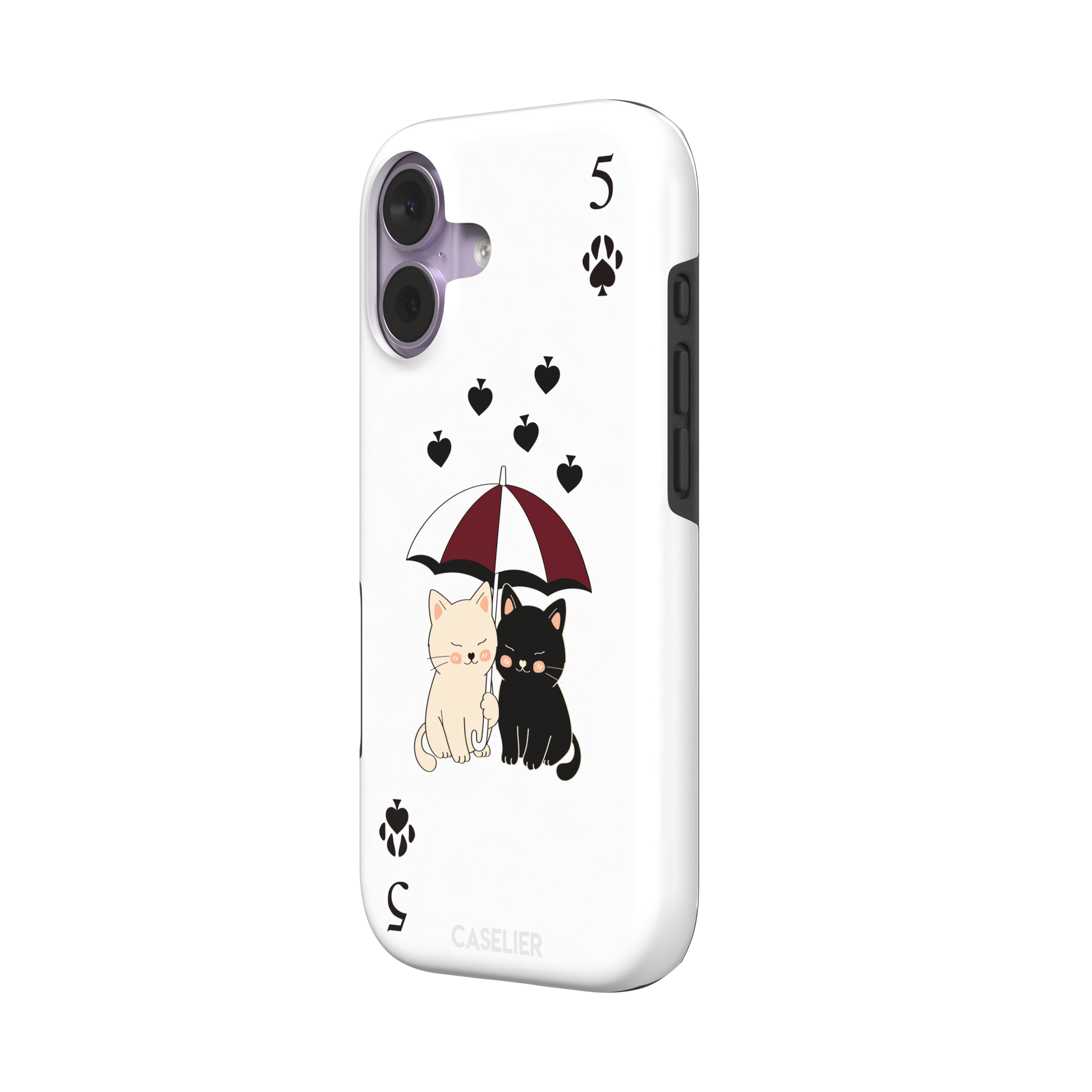 Five of Spades phone case in white with two cartoon cats under a burgundy umbrella, black falling hearts and paw print spade symbols — white colorway variant, phone case by Caselier — tough case, right view