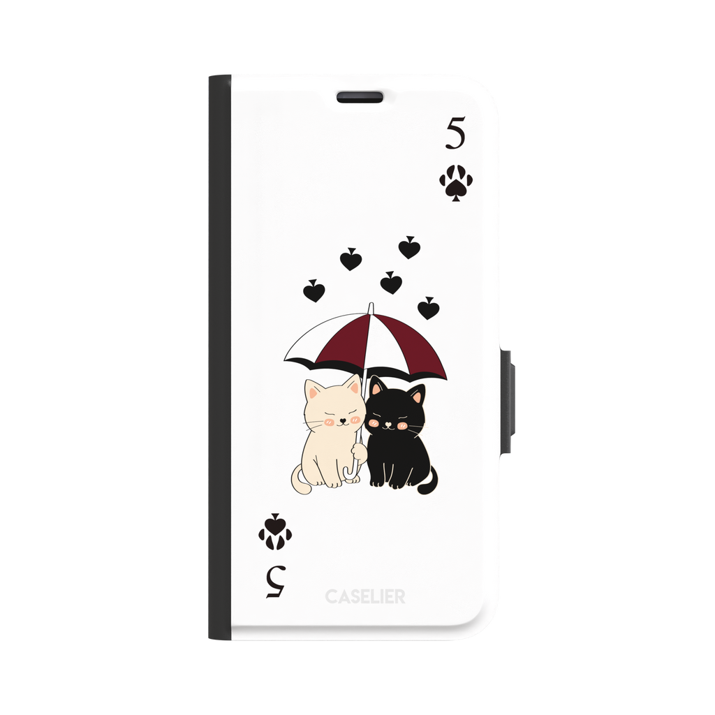 Five of Spades phone case in white with two cartoon cats under a burgundy umbrella, black falling hearts and paw print spade symbols — white colorway variant, phone case by Caselier — wallet case, front view