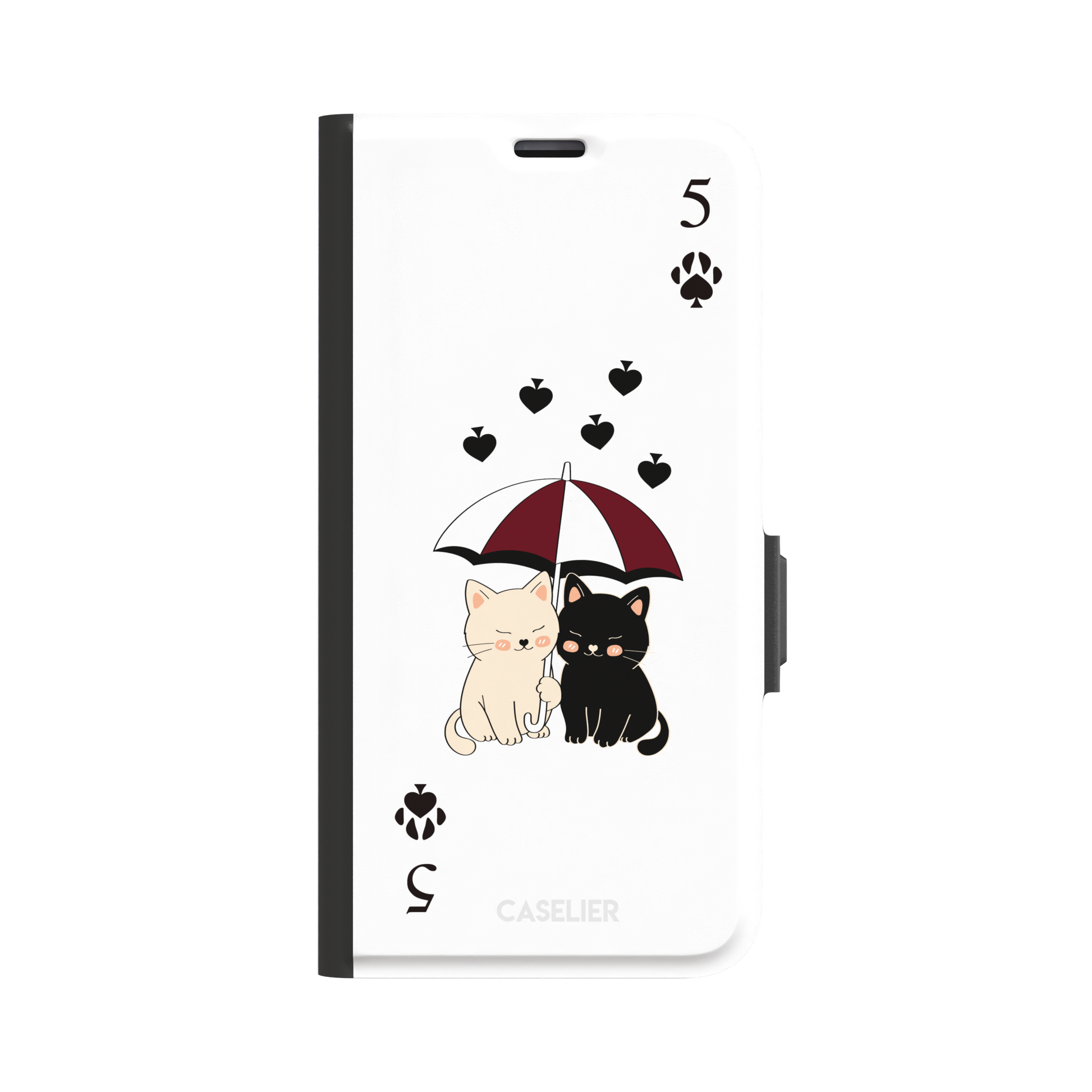 Five of Spades phone case in white with two cartoon cats under a burgundy umbrella, black falling hearts and paw print spade symbols — white colorway variant, phone case by Caselier — wallet case, front view