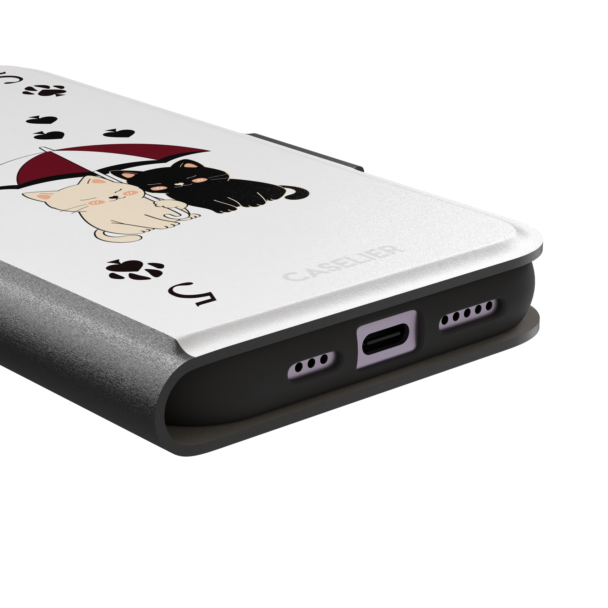 Five of Spades phone case in white with two cartoon cats under a burgundy umbrella, black falling hearts and paw print spade symbols — white colorway variant, phone case by Caselier — wallet case, charging port detail