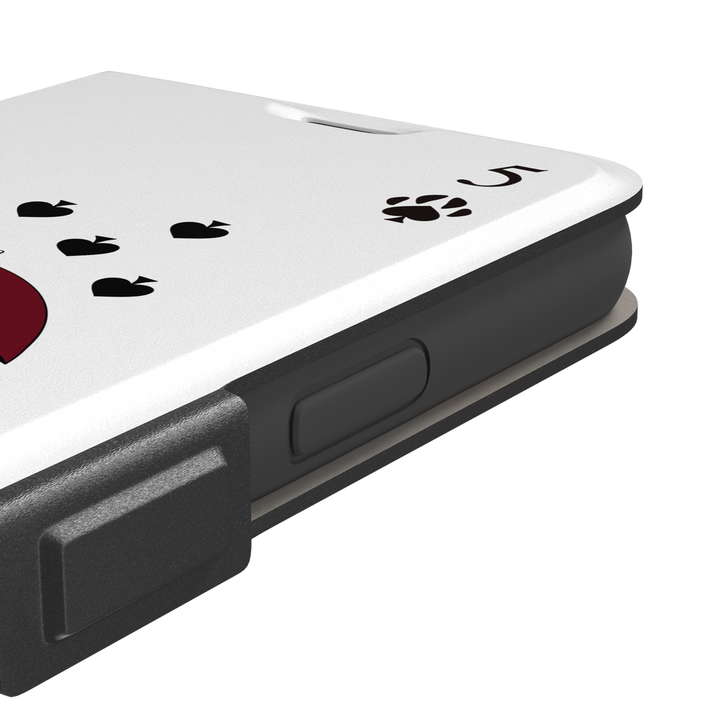 Five of Spades phone case in white with two cartoon cats under a burgundy umbrella, black falling hearts and paw print spade symbols — white colorway variant, phone case by Caselier — wallet case, volume buttons detail