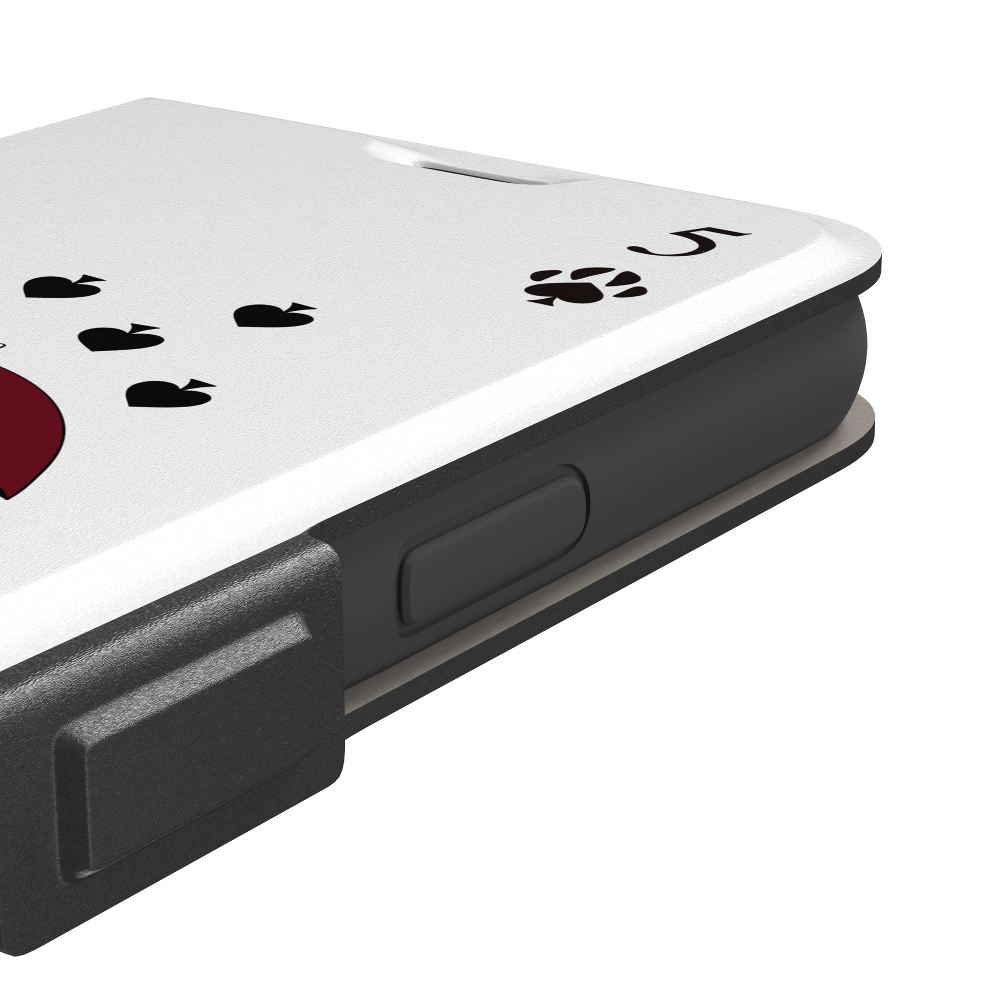 Five of Spades phone case in white with two cartoon cats under a burgundy umbrella, black falling hearts and paw print spade symbols — white colorway variant, phone case by Caselier — wallet case, volume buttons detail
