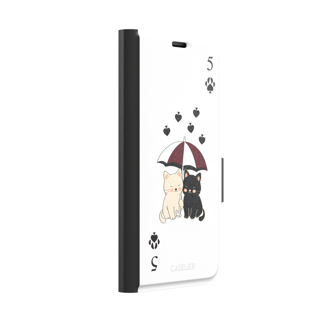 Five of Spades phone case in white with two cartoon cats under a burgundy umbrella, black falling hearts and paw print spade symbols — white colorway variant, phone case by Caselier — wallet case, left view