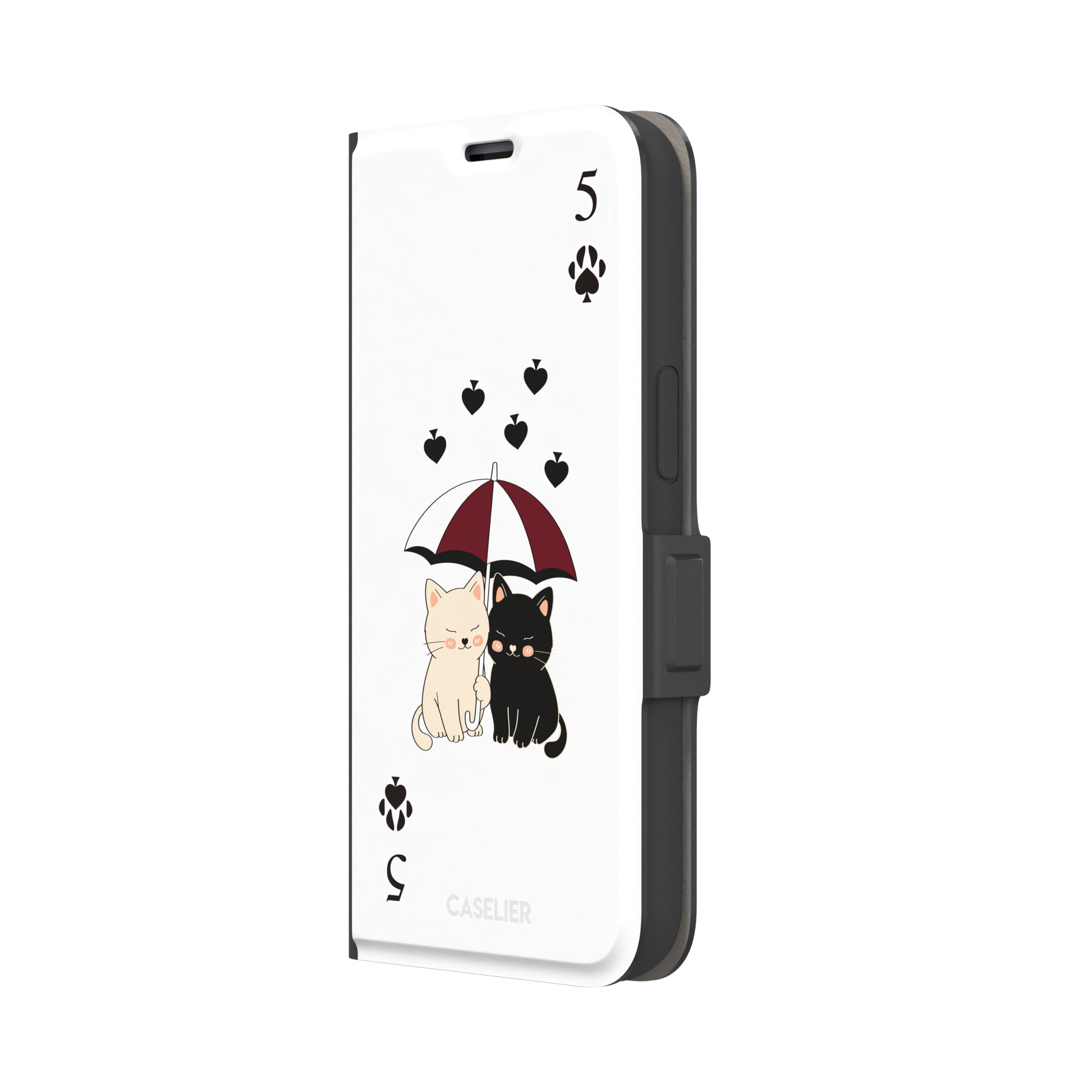Five of Spades phone case in white with two cartoon cats under a burgundy umbrella, black falling hearts and paw print spade symbols — white colorway variant, phone case by Caselier — wallet case, right view