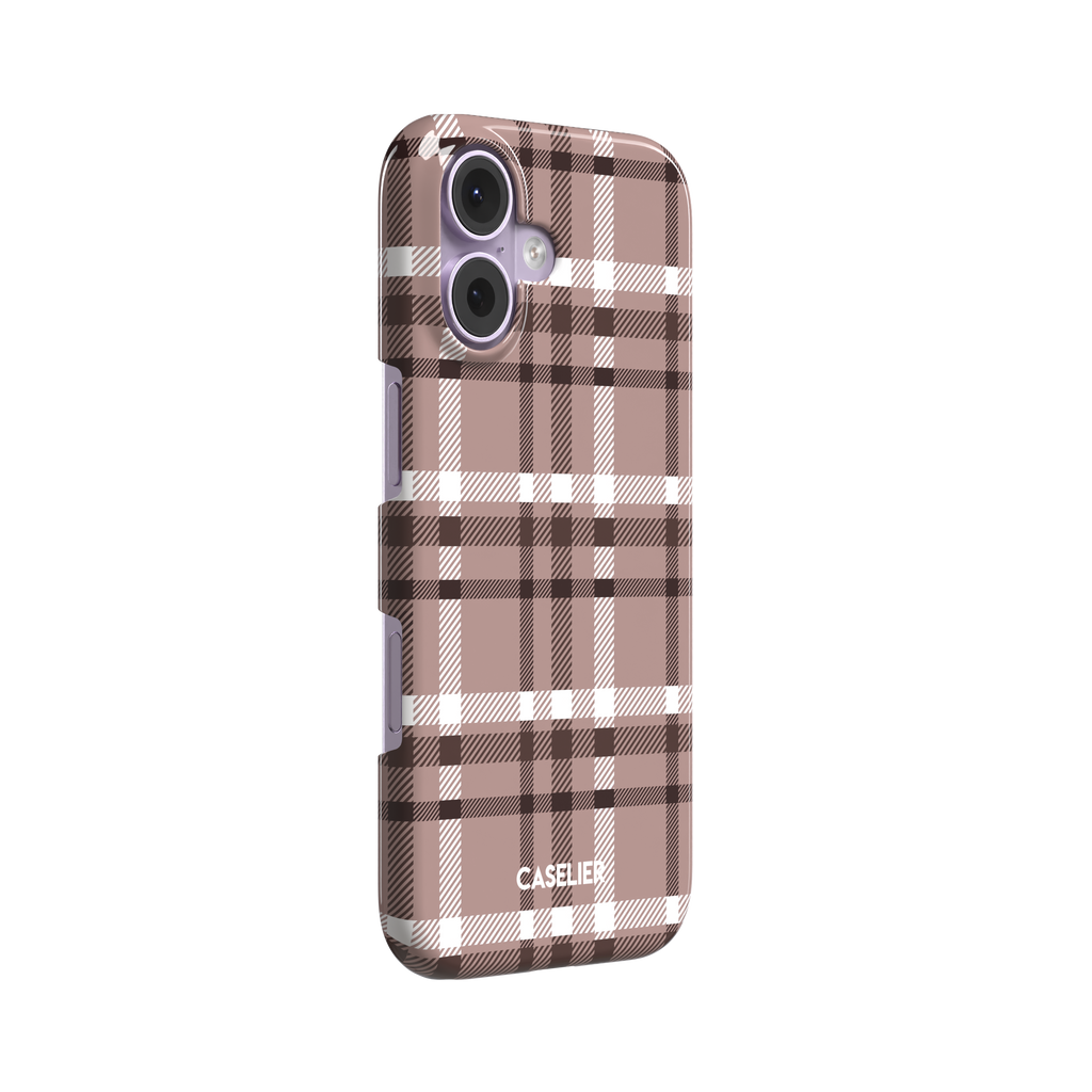 Flannel Plaid, mauve pink tartan plaid with brown and white crossing stripes, snap case, left view, phone case by Caselier