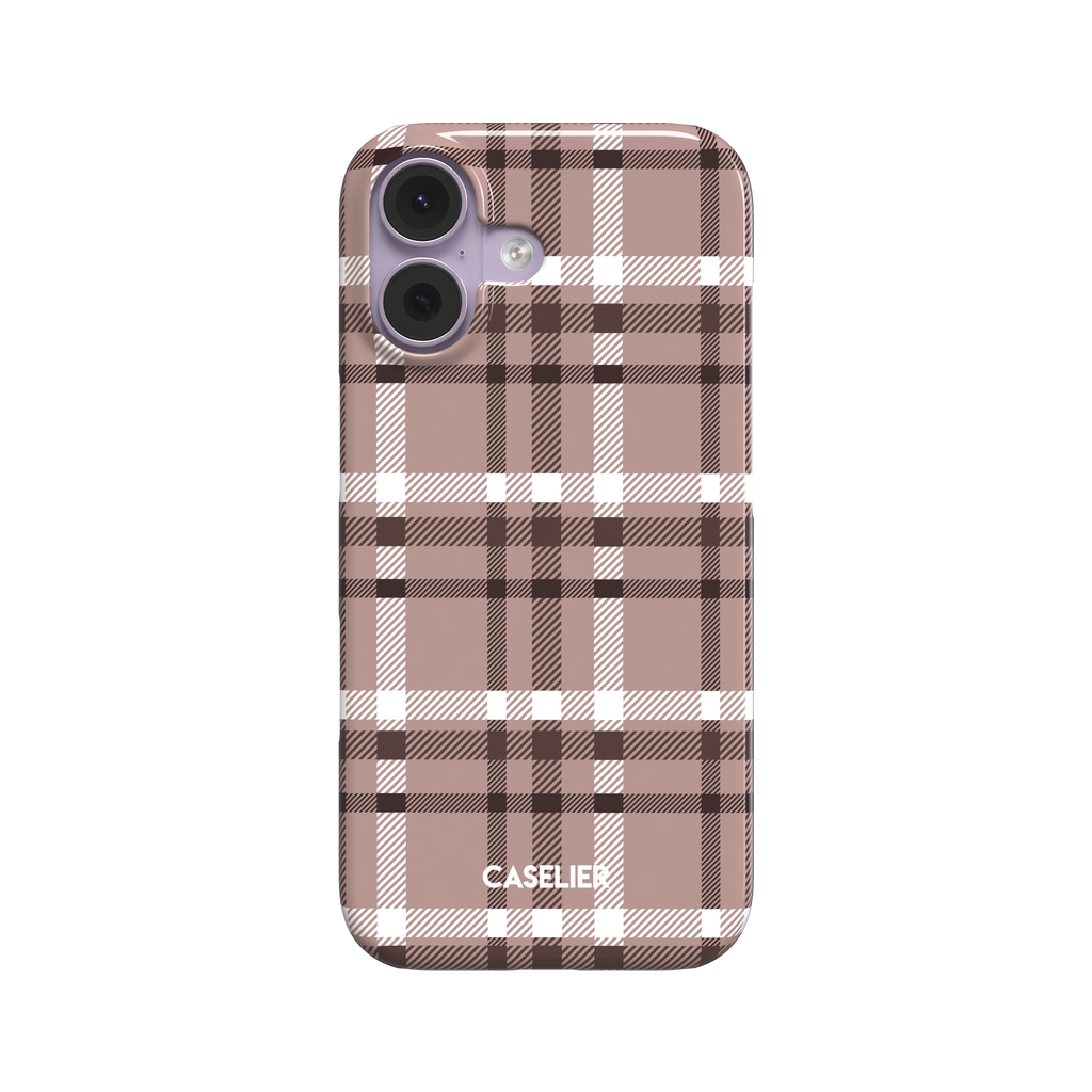 Flannel Plaid phone case in dark brown tartan grid with white crossbands, snap case style, front-facing product shot on white background, phone case by Caselier - snap case, front view | Caselier