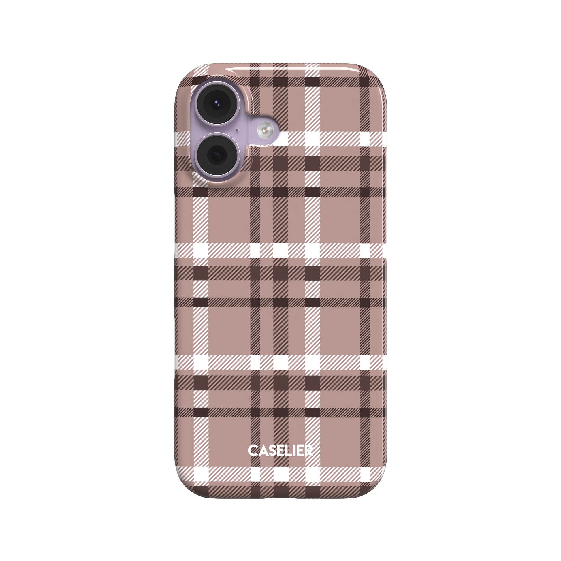 Flannel Plaid phone case in dark brown tartan grid with white crossbands, snap case style, front-facing product shot on white background, phone case by Caselier - snap case, front view | Caselier