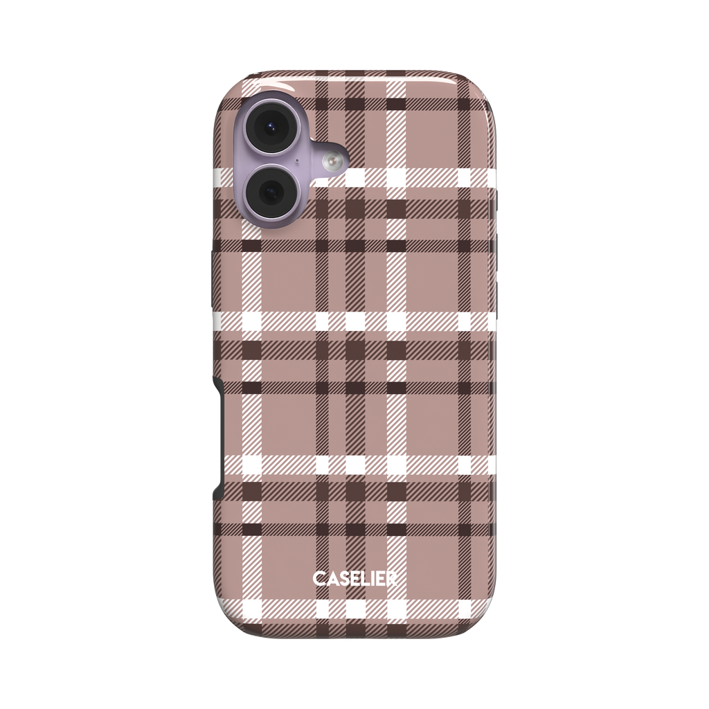 Flannel Plaid phone case in dark brown tartan, snap case shown from a slight side angle revealing slim profile, white background, phone case by Caselier - tough case, front view | Caselier