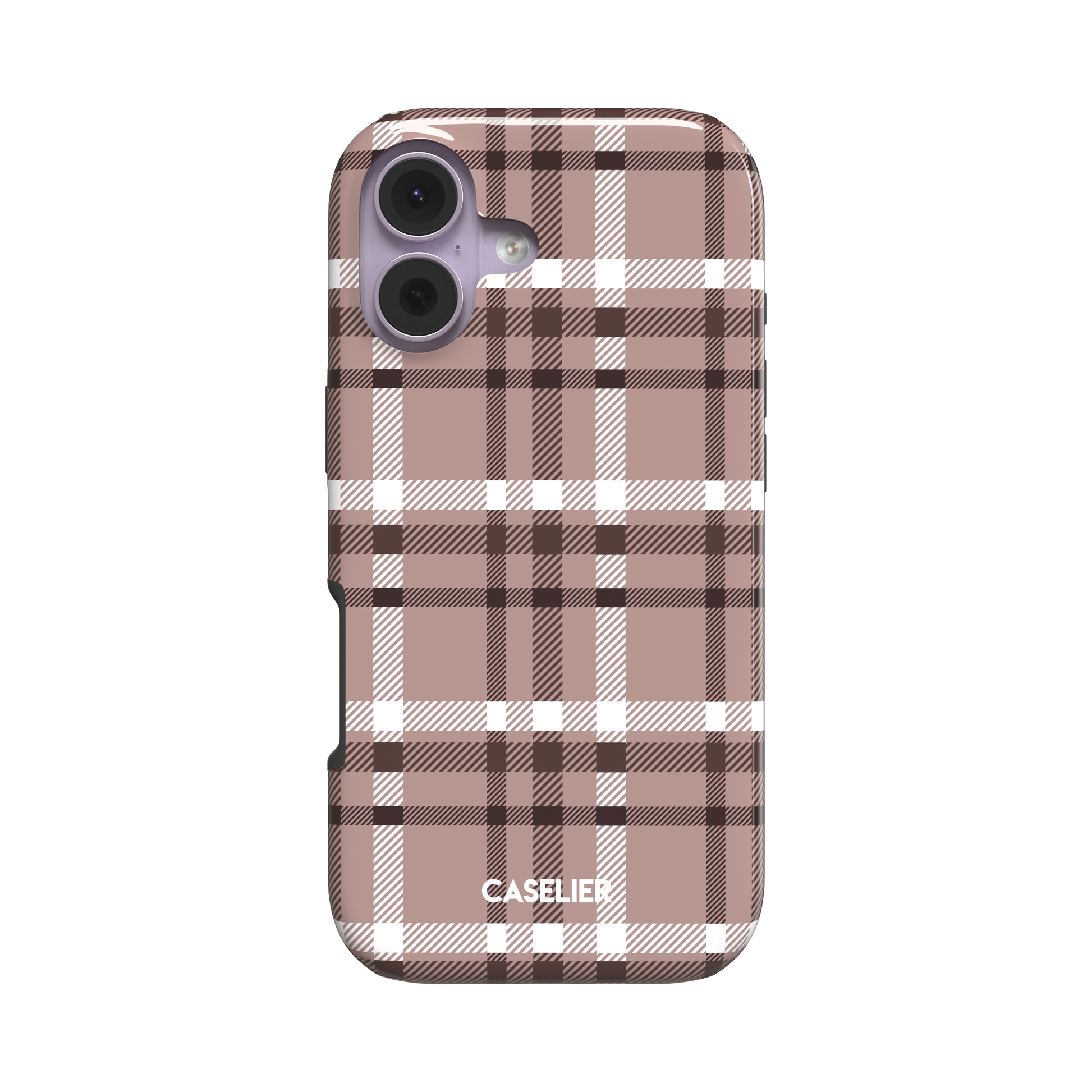 Flannel Plaid phone case in dark brown tartan, snap case shown from a slight side angle revealing slim profile, white background, phone case by Caselier - tough case, front view | Caselier