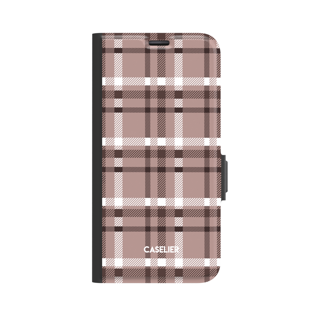 Flannel Plaid folio wallet case in mocha pink and dark brown tartan with black spine and magnetic clasp, front-facing product shot on white background, phone case by Caselier - wallet case, front view | Caselier