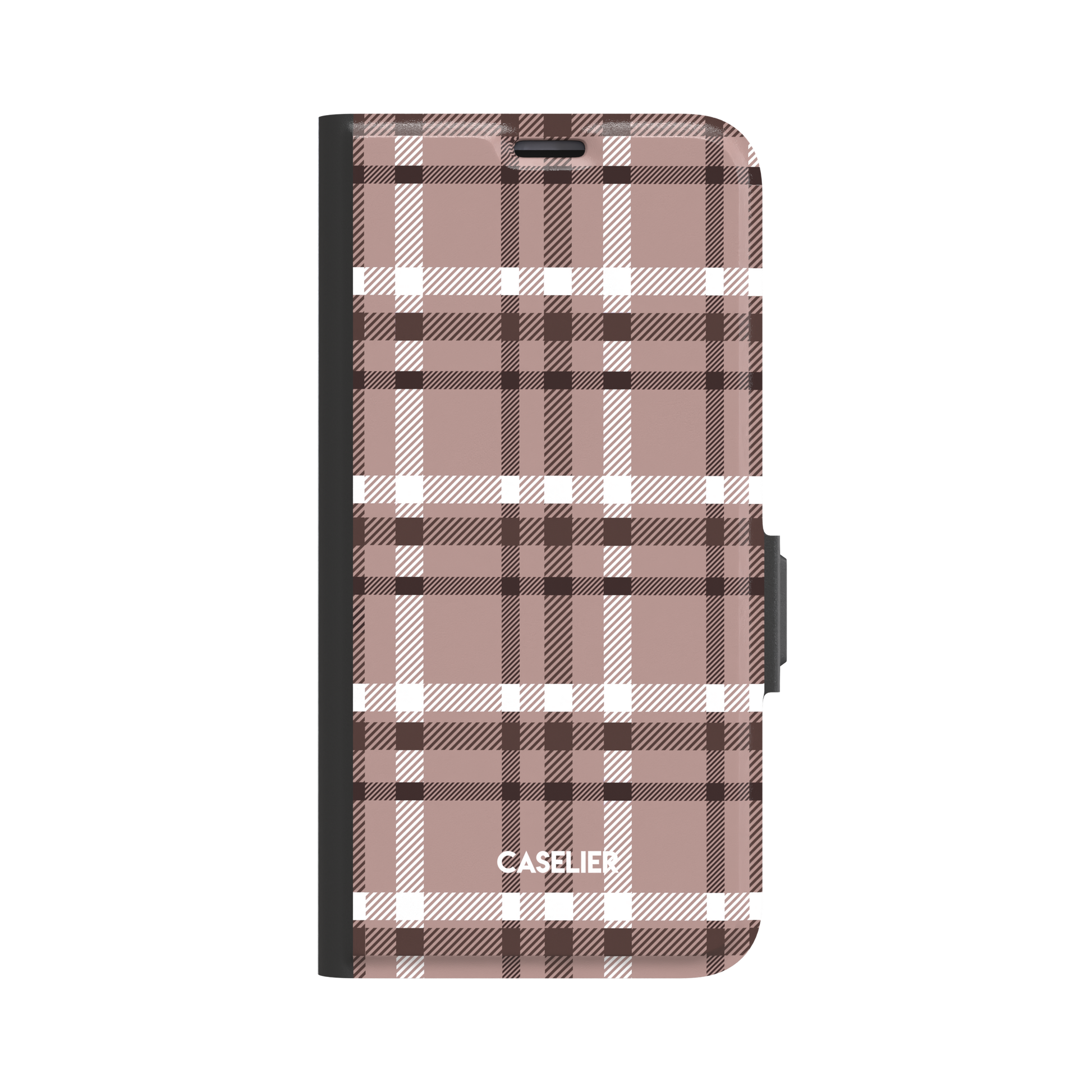 Flannel Plaid folio wallet case in mocha pink and dark brown tartan with black spine and magnetic clasp, front-facing product shot on white background, phone case by Caselier - wallet case, front view | Caselier