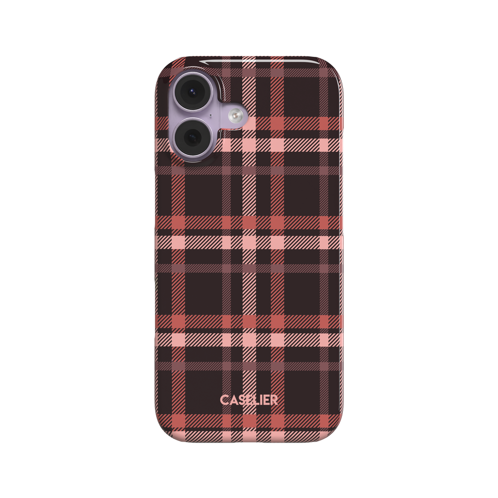 Flannel Plaid phone case in deep dark brown and coral red tartan with blush pink crossbands, snap case style, front-facing product shot on white background, phone case by Caselier - snap case, front view | Caselier