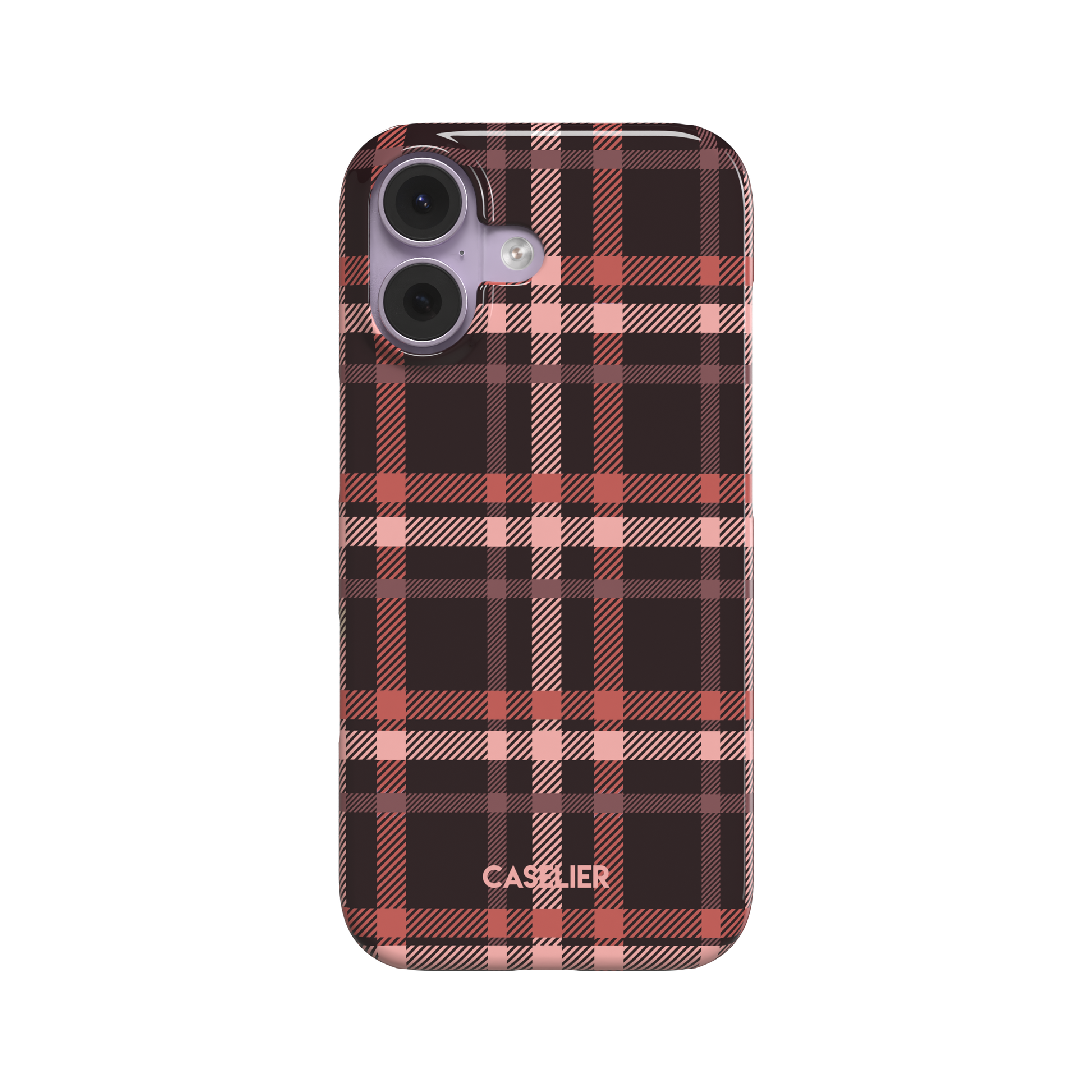 Flannel Plaid phone case in deep dark brown and coral red tartan with blush pink crossbands, snap case style, front-facing product shot on white background, phone case by Caselier - snap case, front view | Caselier