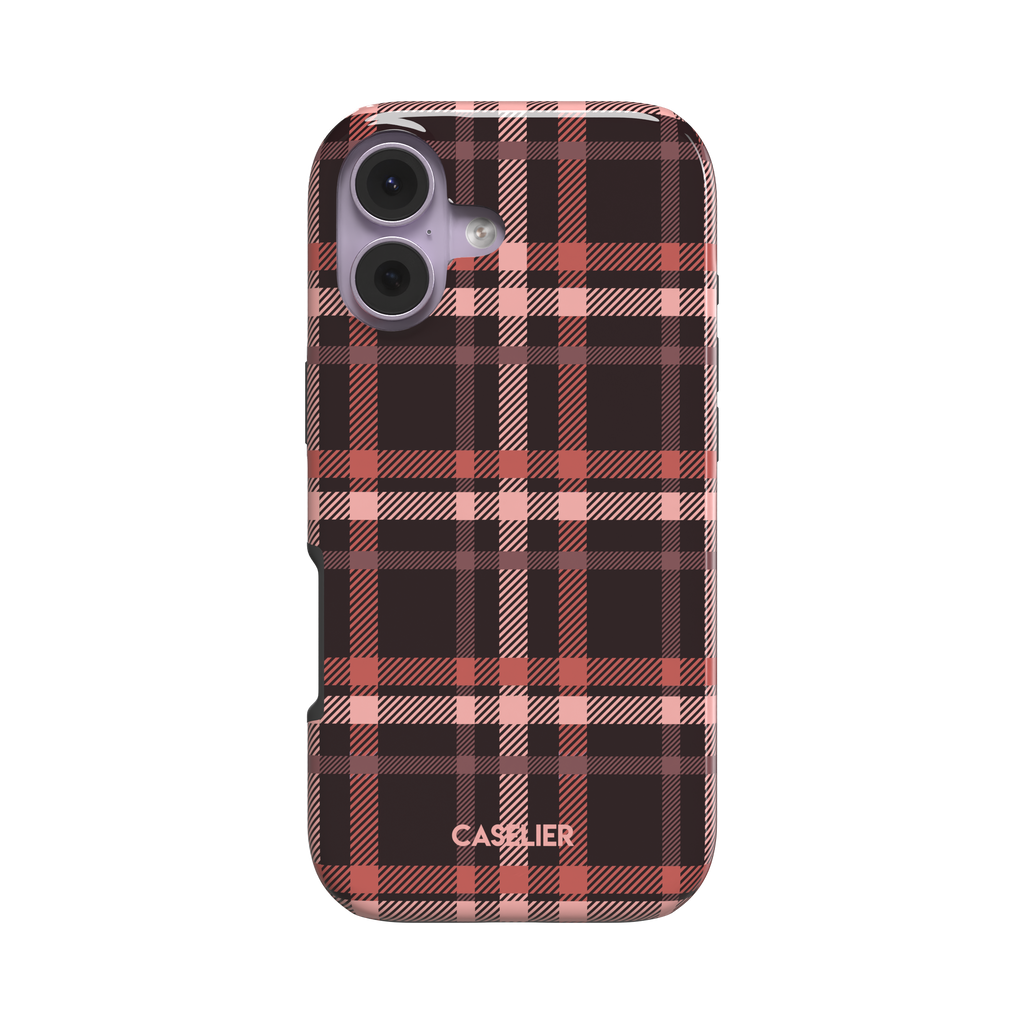Flannel Plaid phone case in dark brown and coral red tartan with blush pink grid lines, snap case shown from a slight side angle, white background, phone case by Caselier - tough case, front view | Caselier