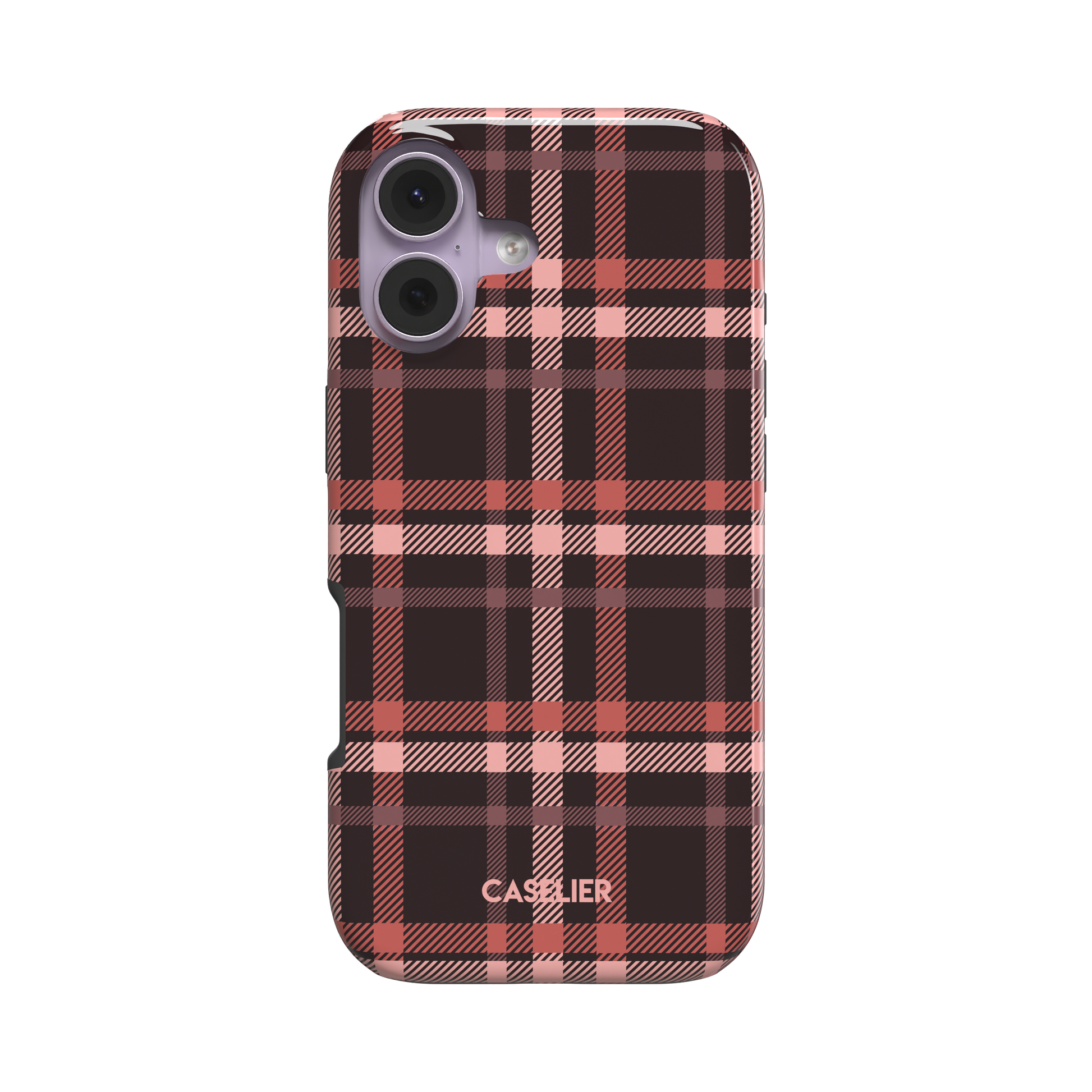 Flannel Plaid phone case in dark brown and coral red tartan with blush pink grid lines, snap case shown from a slight side angle, white background, phone case by Caselier - tough case, front view | Caselier