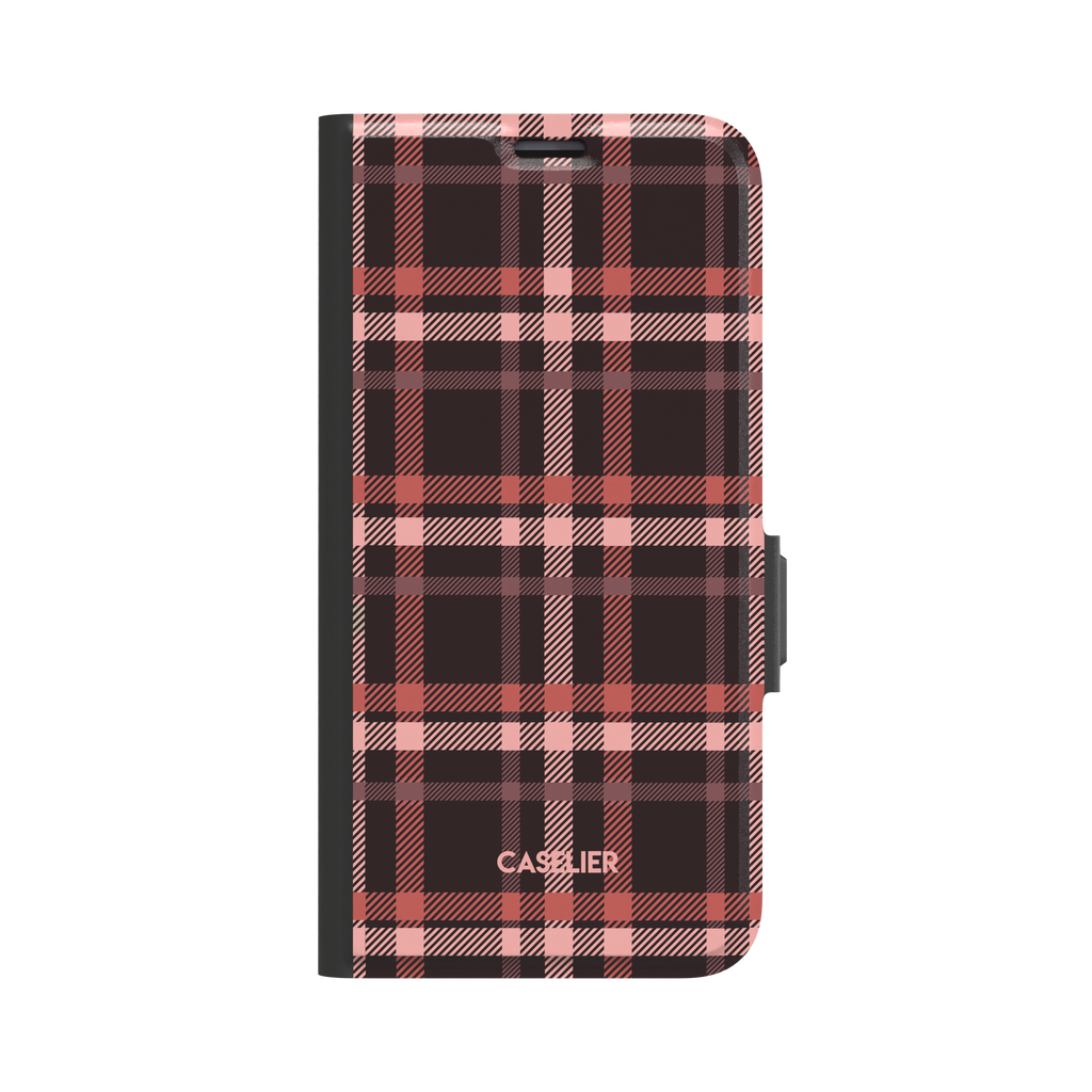 Flannel Plaid folio wallet case in dark brown and coral red tartan with blush pink crossbands and black spine, front-facing product shot on white background, phone case by Caselier - wallet case, front view | Caselier