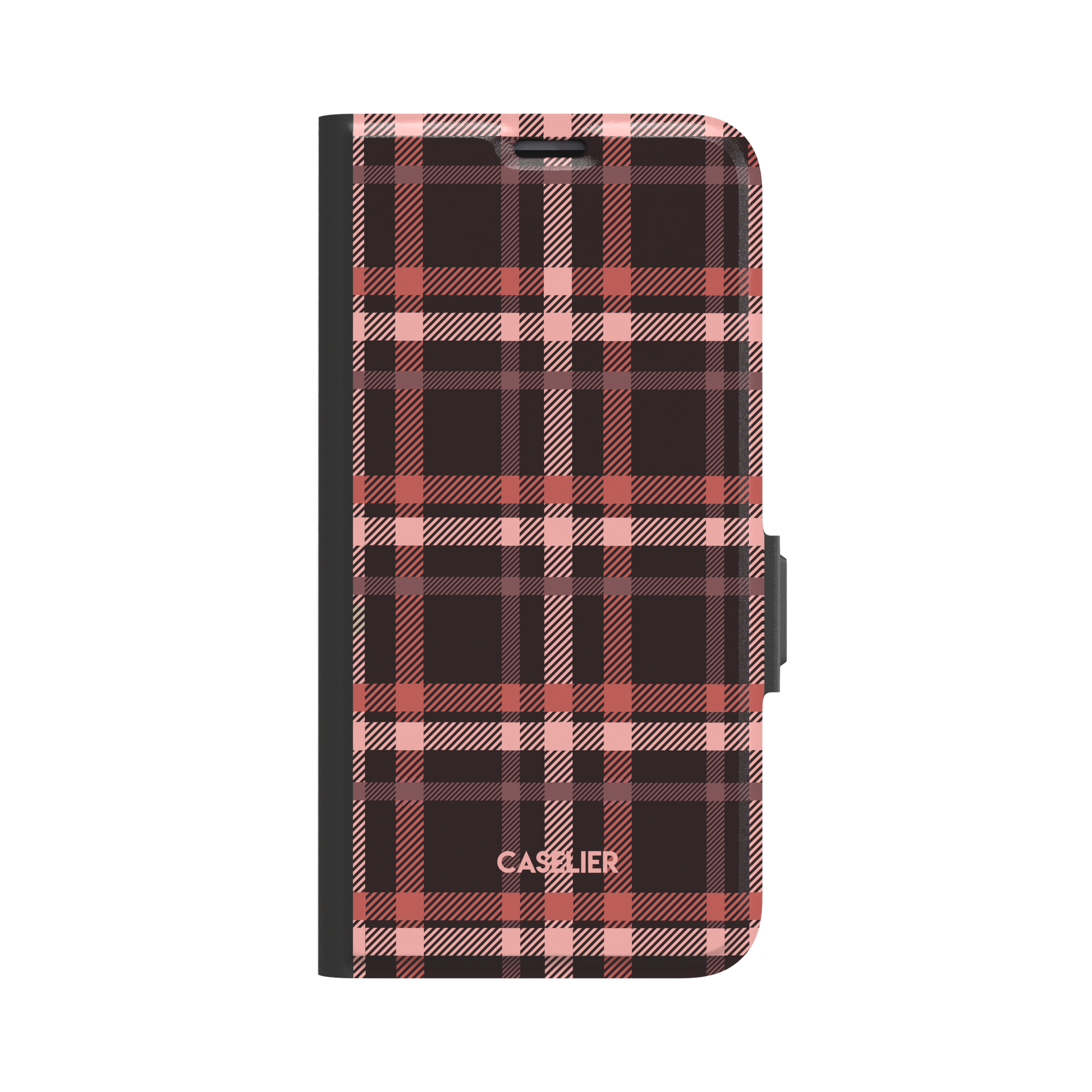 Flannel Plaid folio wallet case in dark brown and coral red tartan with blush pink crossbands and black spine, front-facing product shot on white background, phone case by Caselier - wallet case, front view | Caselier