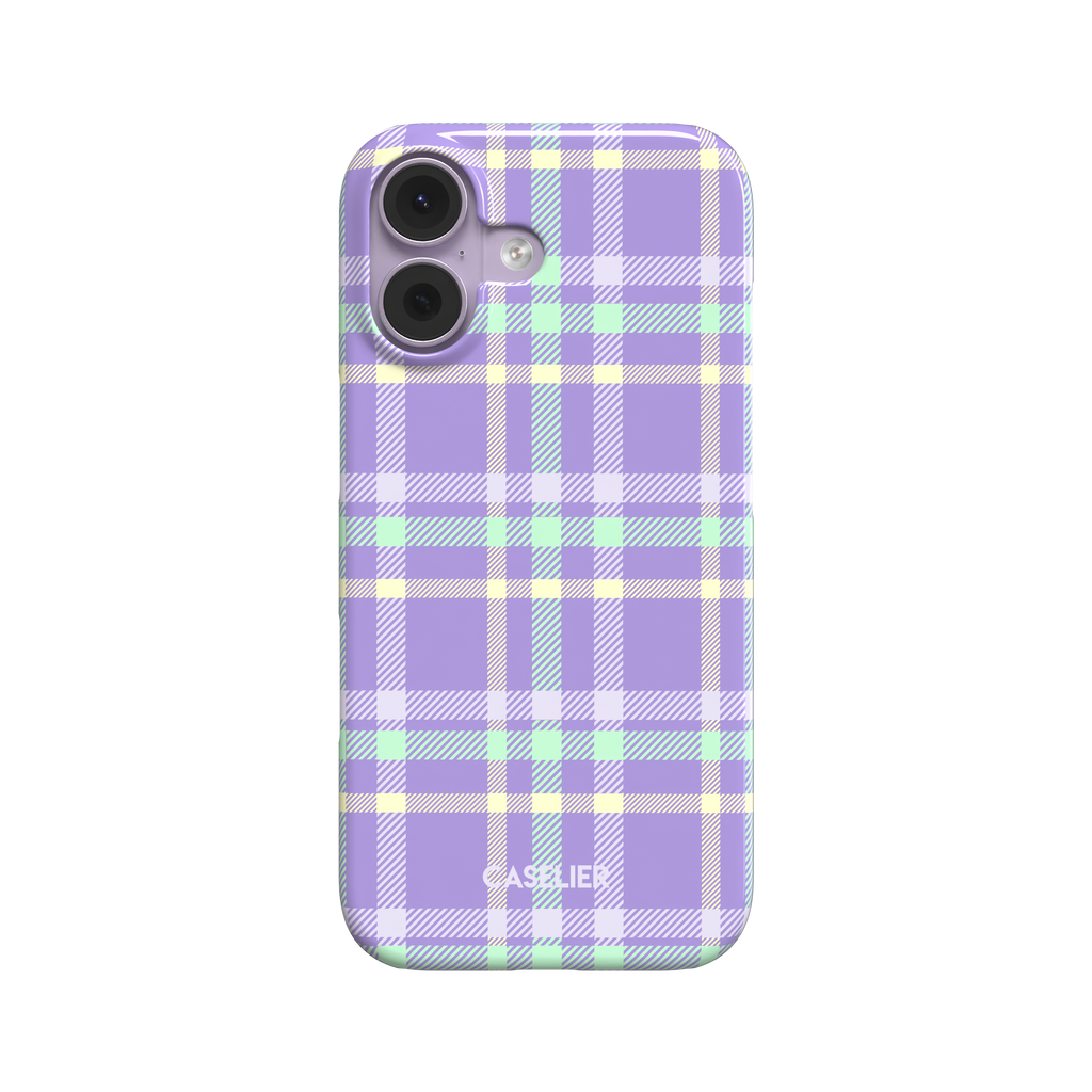Flannel Plaid phone case in bright lavender purple tartan with mint green and pale yellow crossbands, snap case style, front-facing product shot on white background, phone case by Caselier - snap case, front view | Caselier