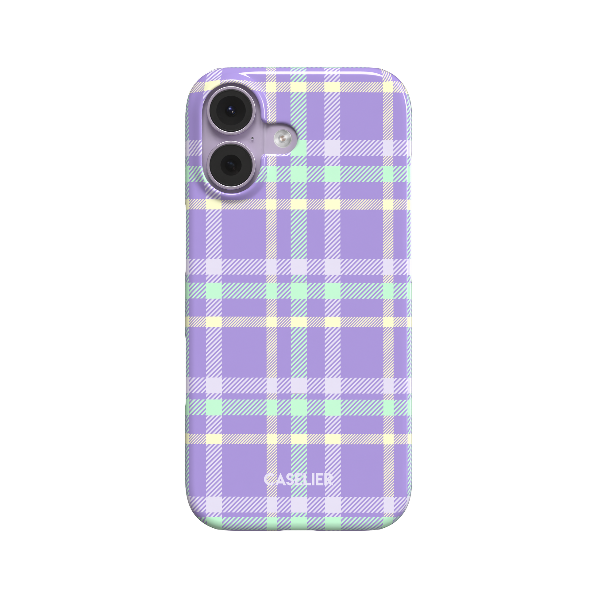 Flannel Plaid phone case in bright lavender purple tartan with mint green and pale yellow crossbands, snap case style, front-facing product shot on white background, phone case by Caselier - snap case, front view | Caselier