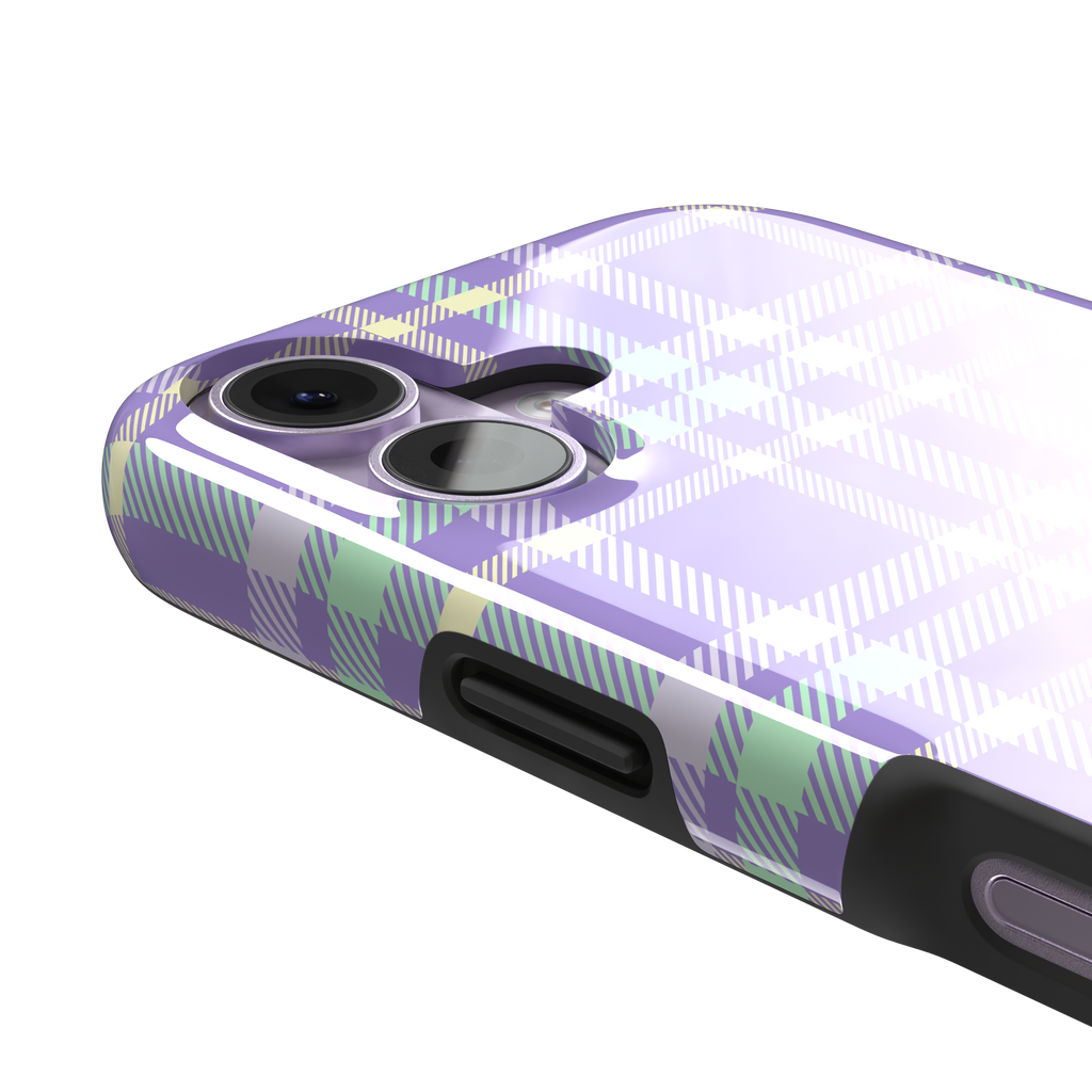 Flannel Plaid, lilac purple plaid with mint green and pastel yellow stripes, tough case, volume buttons detail, phone case by Caselier