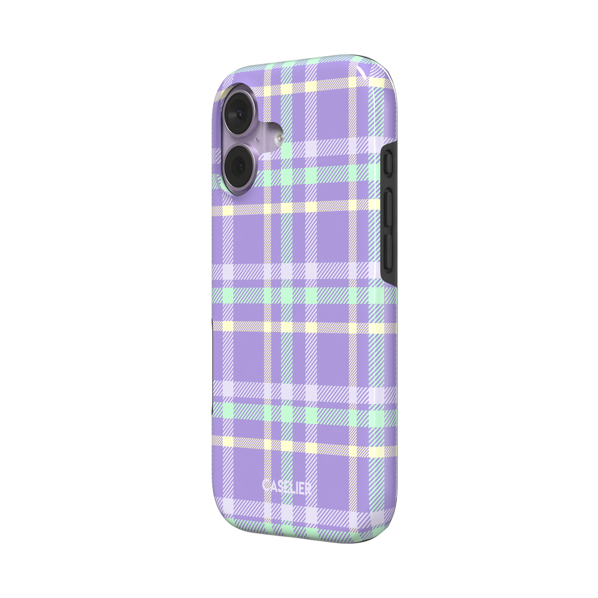 Flannel Plaid, lilac purple plaid with mint green and pastel yellow stripes, tough case, right view, phone case by Caselier