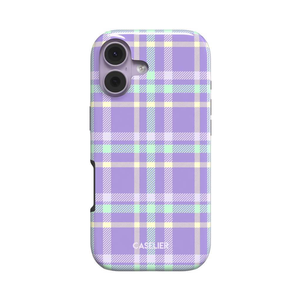 Flannel Plaid phone case in bright lavender purple tartan with mint green and pale yellow grid lines, snap case shown from a slight side angle, white background, phone case by Caselier - tough case, front view | Caselier