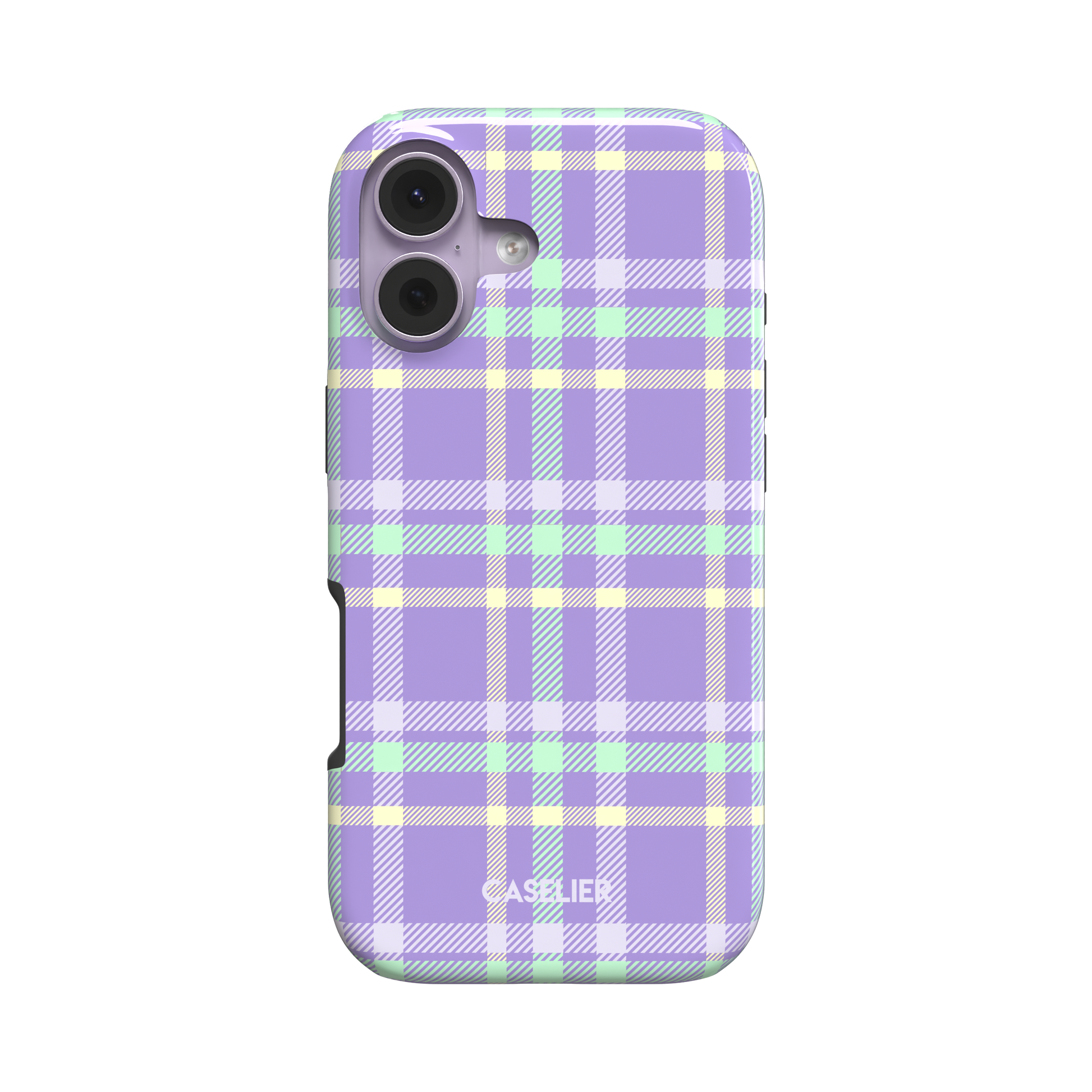 Flannel Plaid phone case in bright lavender purple tartan with mint green and pale yellow grid lines, snap case shown from a slight side angle, white background, phone case by Caselier - tough case, front view | Caselier