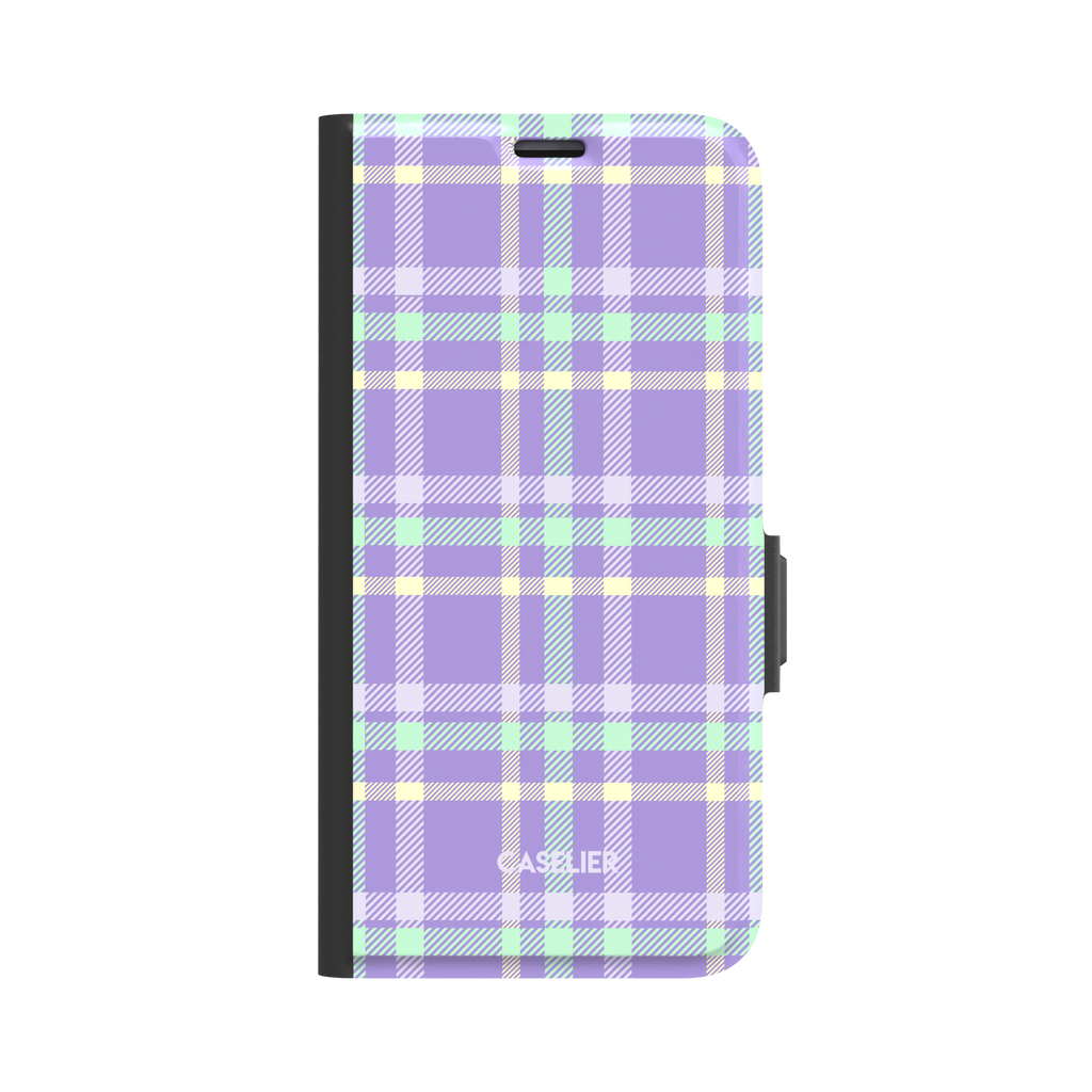 Flannel Plaid folio wallet case in bright lavender purple tartan with mint green and pale yellow crossbands and black spine, front-facing product shot on white background, phone case by Caselier - wallet case, front view | Caselier