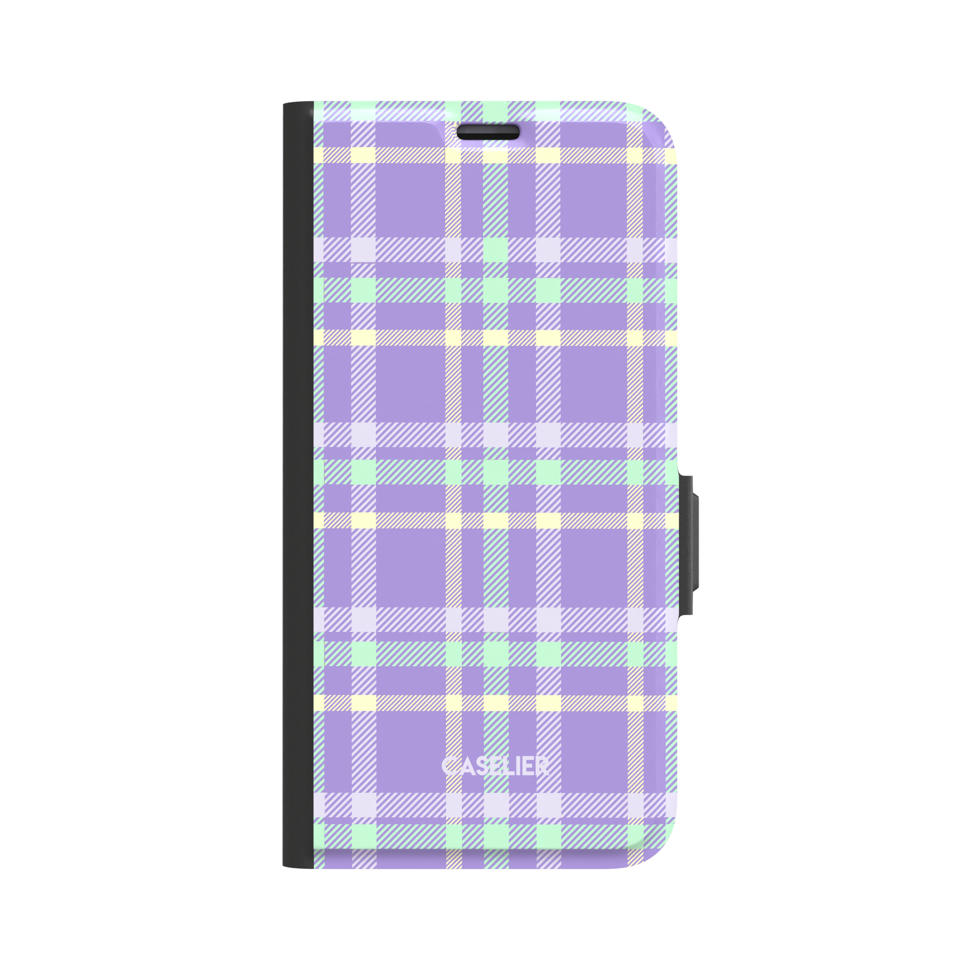 Flannel Plaid folio wallet case in bright lavender purple tartan with mint green and pale yellow crossbands and black spine, front-facing product shot on white background, phone case by Caselier - wallet case, front view | Caselier