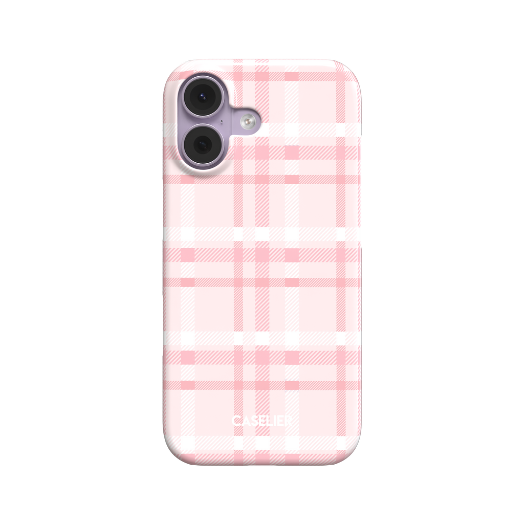 Flannel Plaid phone case in soft baby pink and white tartan with delicate pink grid lines, snap case style, front-facing product shot on white background, phone case by Caselier - snap case, front view | Caselier