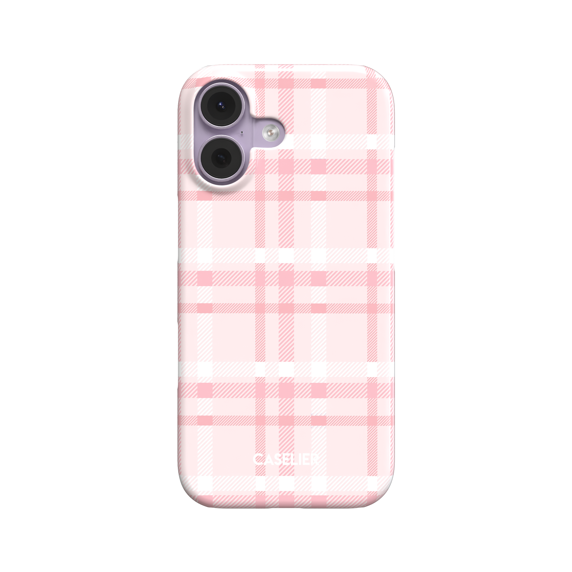 Flannel Plaid phone case in soft baby pink and white tartan with delicate pink grid lines, snap case style, front-facing product shot on white background, phone case by Caselier - snap case, front view | Caselier