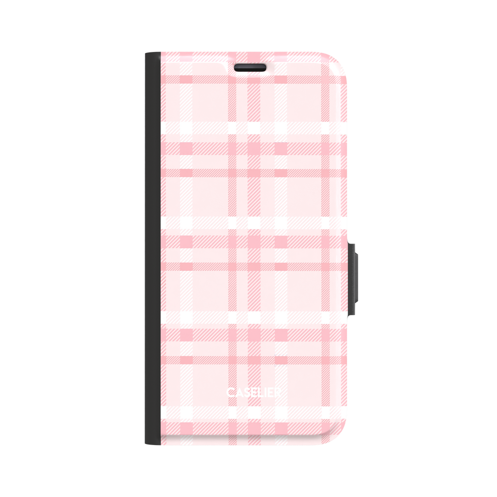 Flannel Plaid folio wallet case in soft baby pink and white tartan with black spine and magnetic clasp, front-facing product shot on white background, phone case by Caselier - wallet case, front view | Caselier