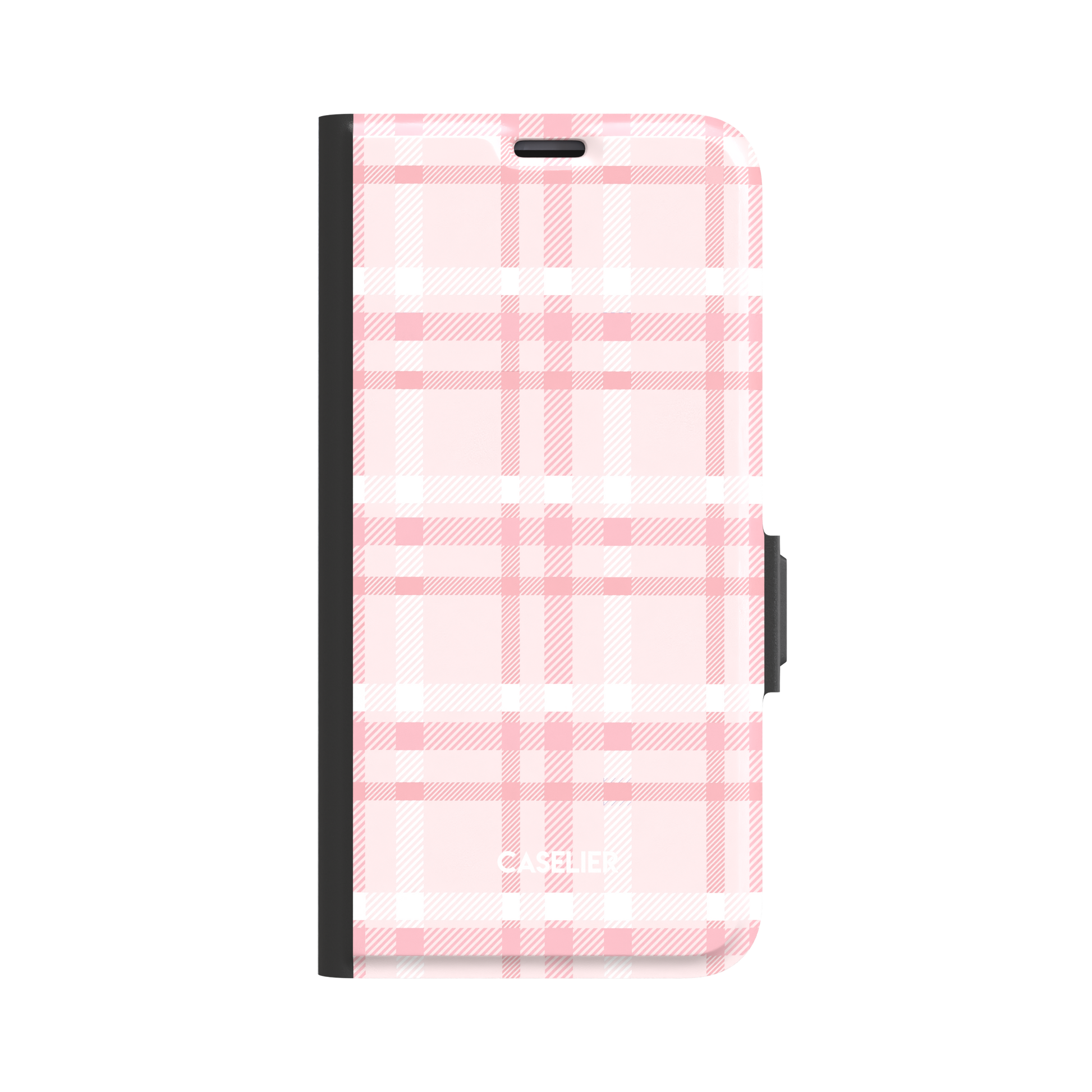 Flannel Plaid folio wallet case in soft baby pink and white tartan with black spine and magnetic clasp, front-facing product shot on white background, phone case by Caselier - wallet case, front view | Caselier