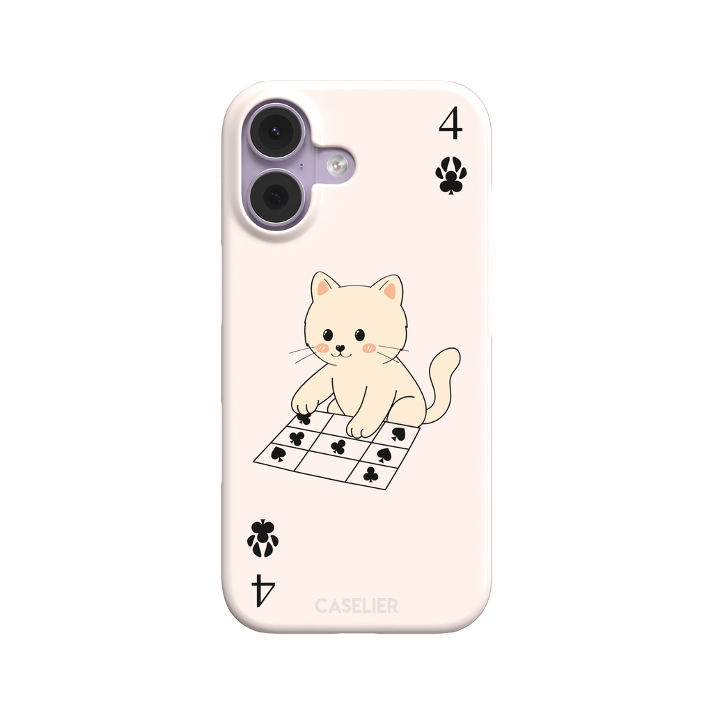 Four of Clubs phone case in blush pink with a kawaii kitten sitting on a grid of club suit symbols and a numeral four in each corner, phone case by Caselier — snap case, front view