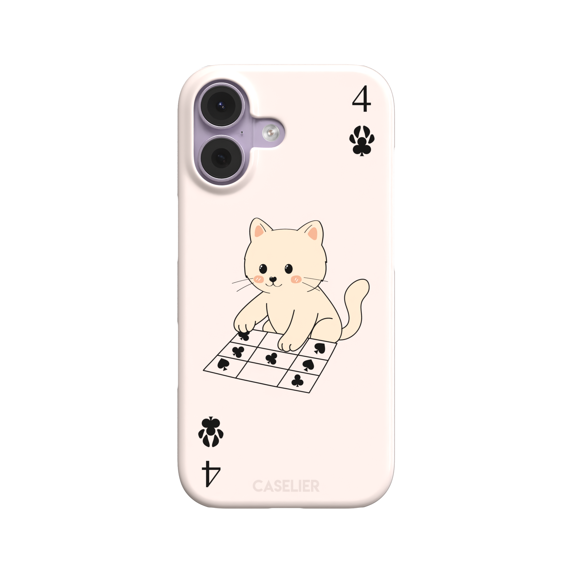 Four of Clubs phone case in blush pink with a kawaii kitten sitting on a grid of club suit symbols and a numeral four in each corner, phone case by Caselier — snap case, front view