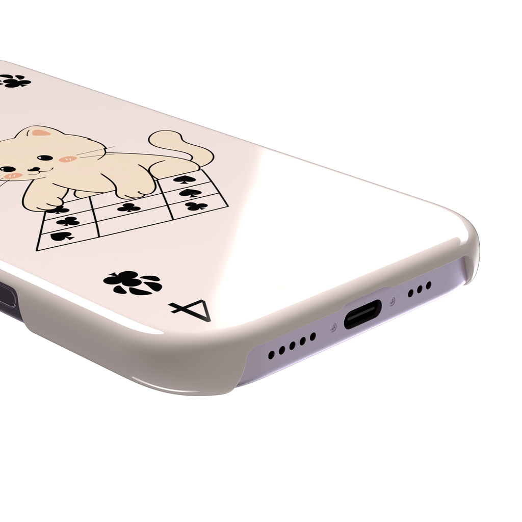 Four of Clubs phone case in blush pink with a kawaii kitten sitting on a grid of club suit symbols and a numeral four in each corner, phone case by Caselier — snap case, charging port detail