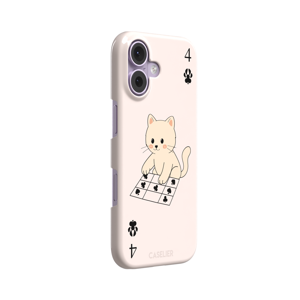 Four of Clubs phone case in blush pink with a kawaii kitten sitting on a grid of club suit symbols and a numeral four in each corner, phone case by Caselier — snap case, left view