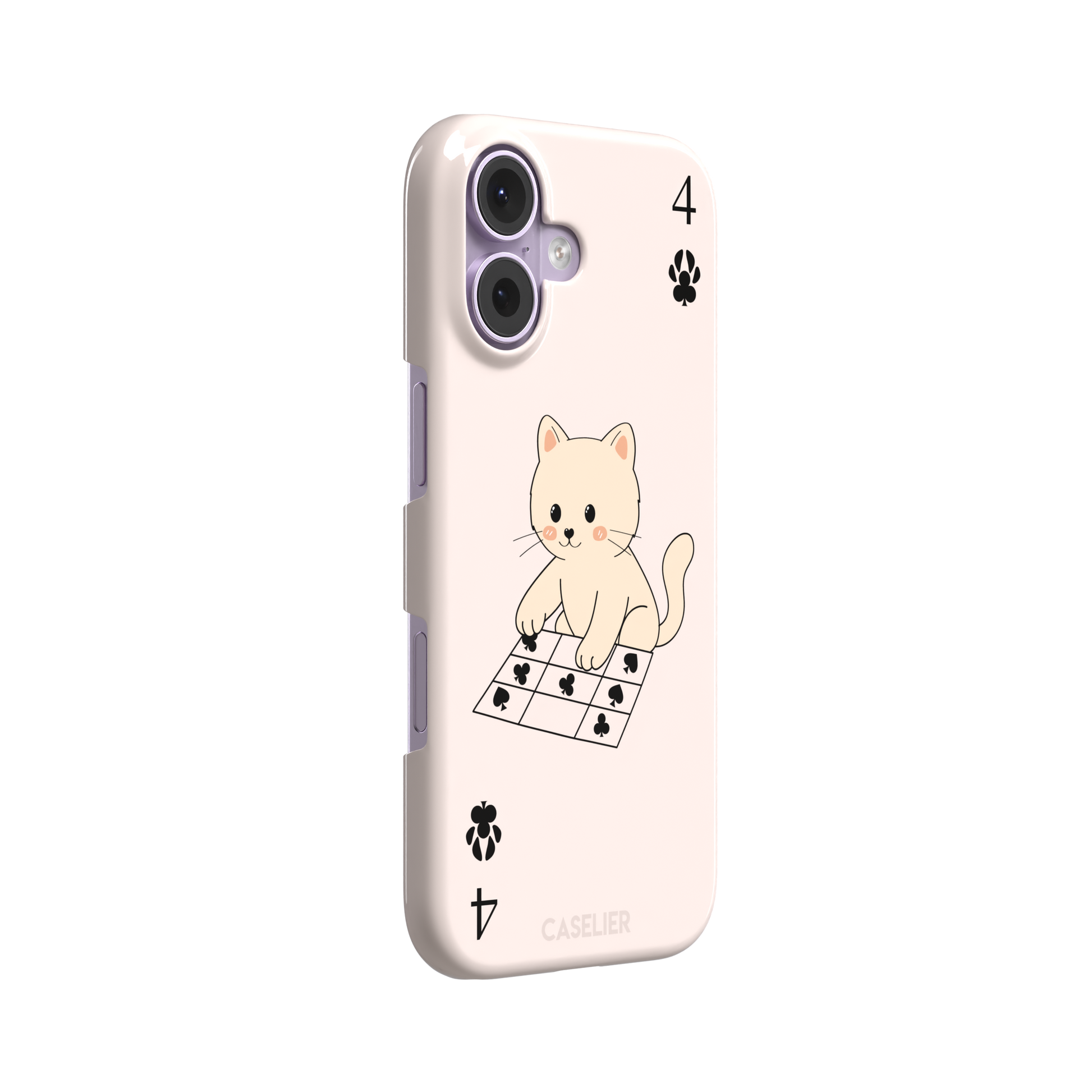 Four of Clubs phone case in blush pink with a kawaii kitten sitting on a grid of club suit symbols and a numeral four in each corner, phone case by Caselier — snap case, left view