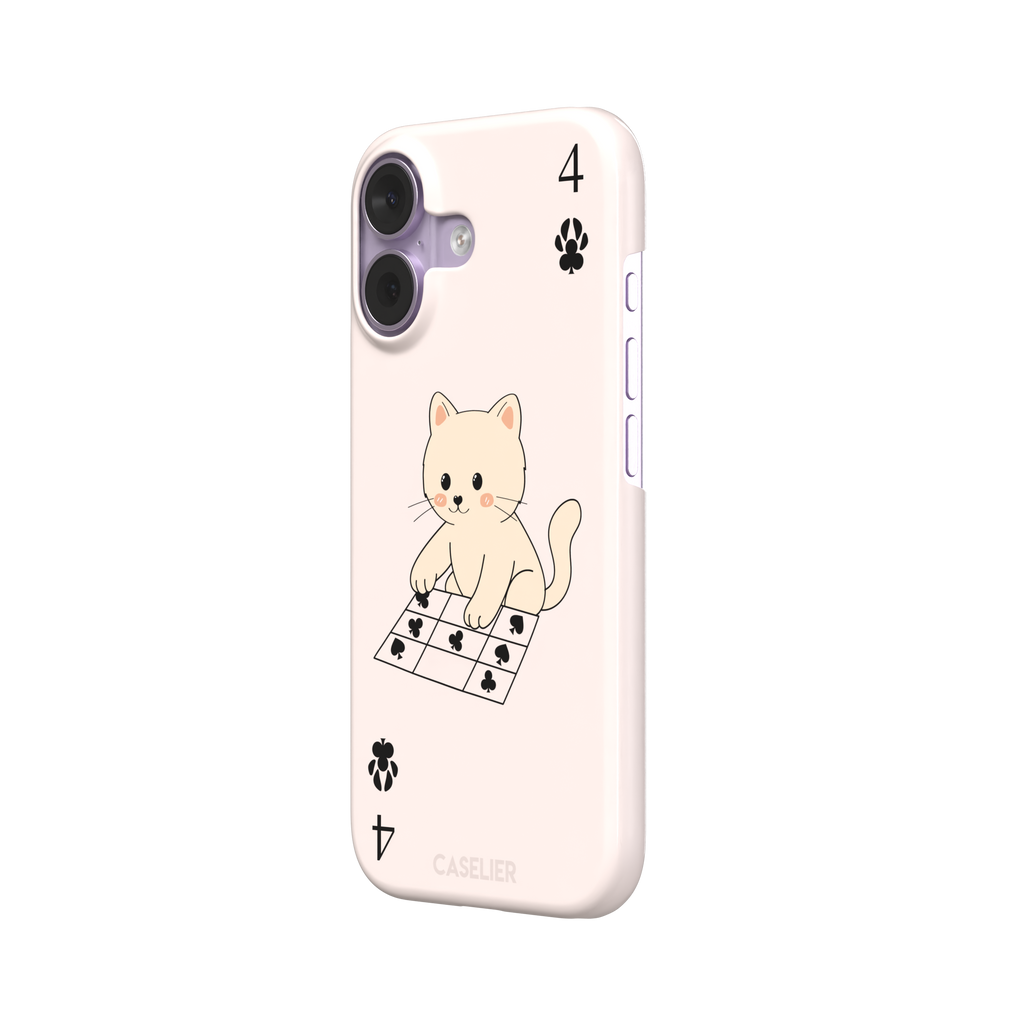 Four of Clubs phone case in blush pink with a kawaii kitten sitting on a grid of club suit symbols and a numeral four in each corner, phone case by Caselier — snap case, right view