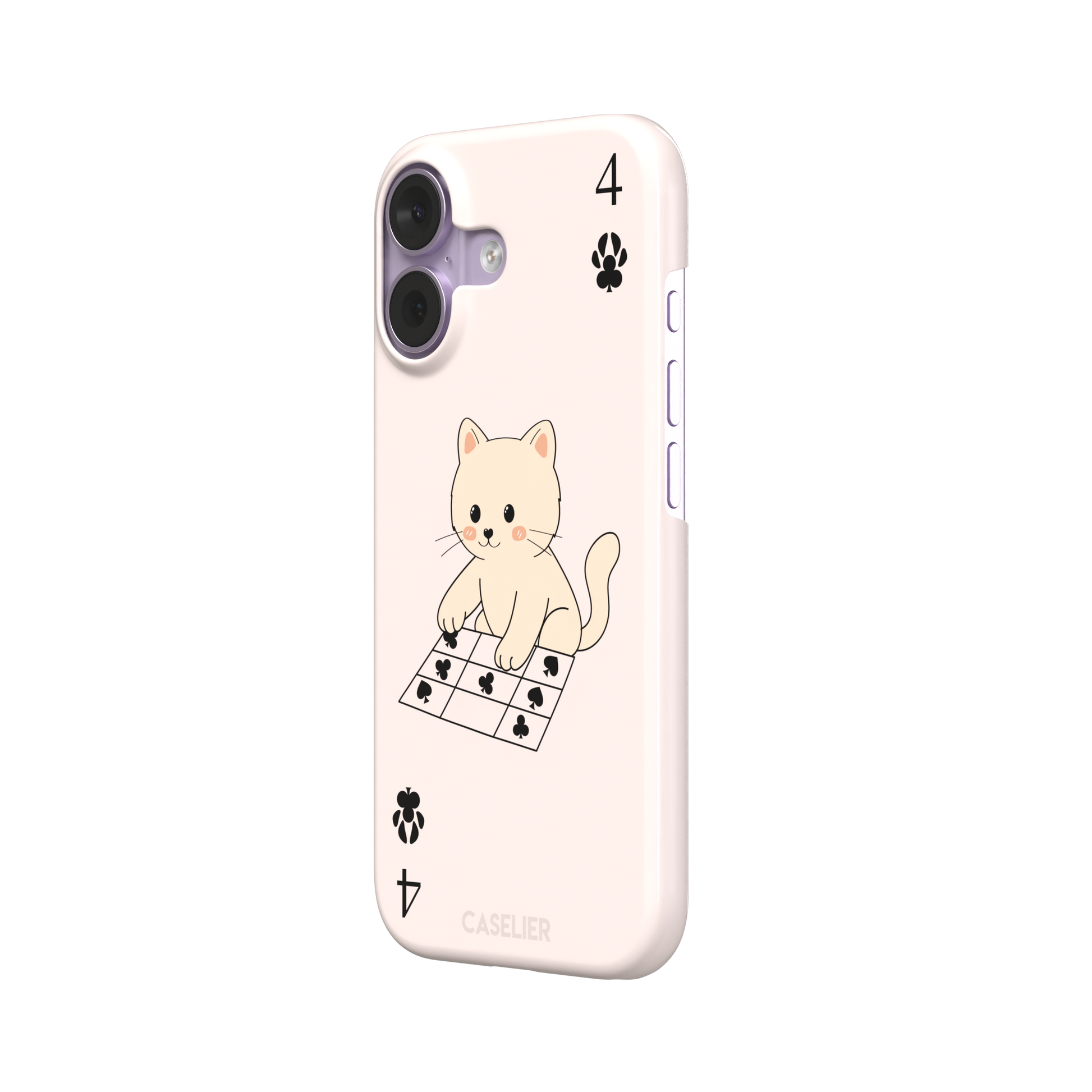 Four of Clubs phone case in blush pink with a kawaii kitten sitting on a grid of club suit symbols and a numeral four in each corner, phone case by Caselier — snap case, right view