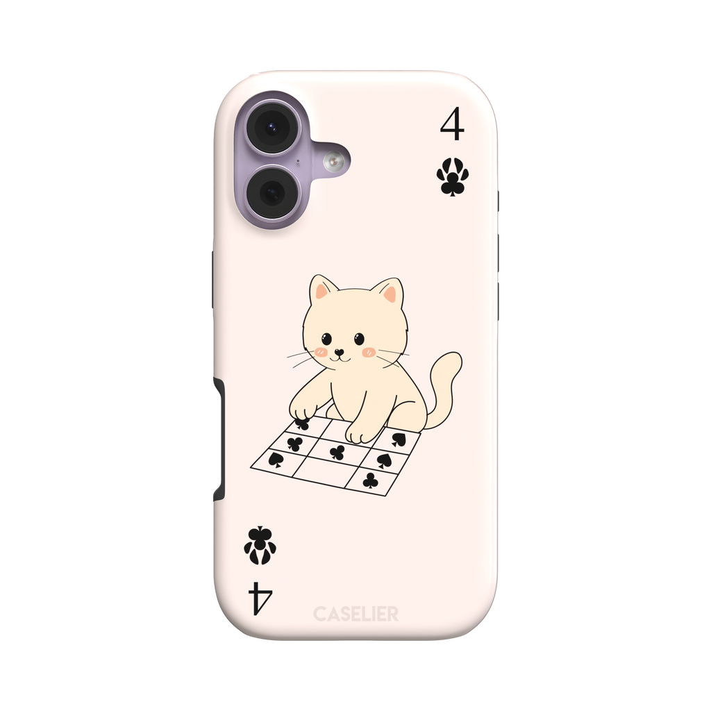 Four of Clubs phone case in blush pink with a kawaii kitten sitting on a grid of club suit symbols and a numeral four in each corner, phone case by Caselier — tough case, front view