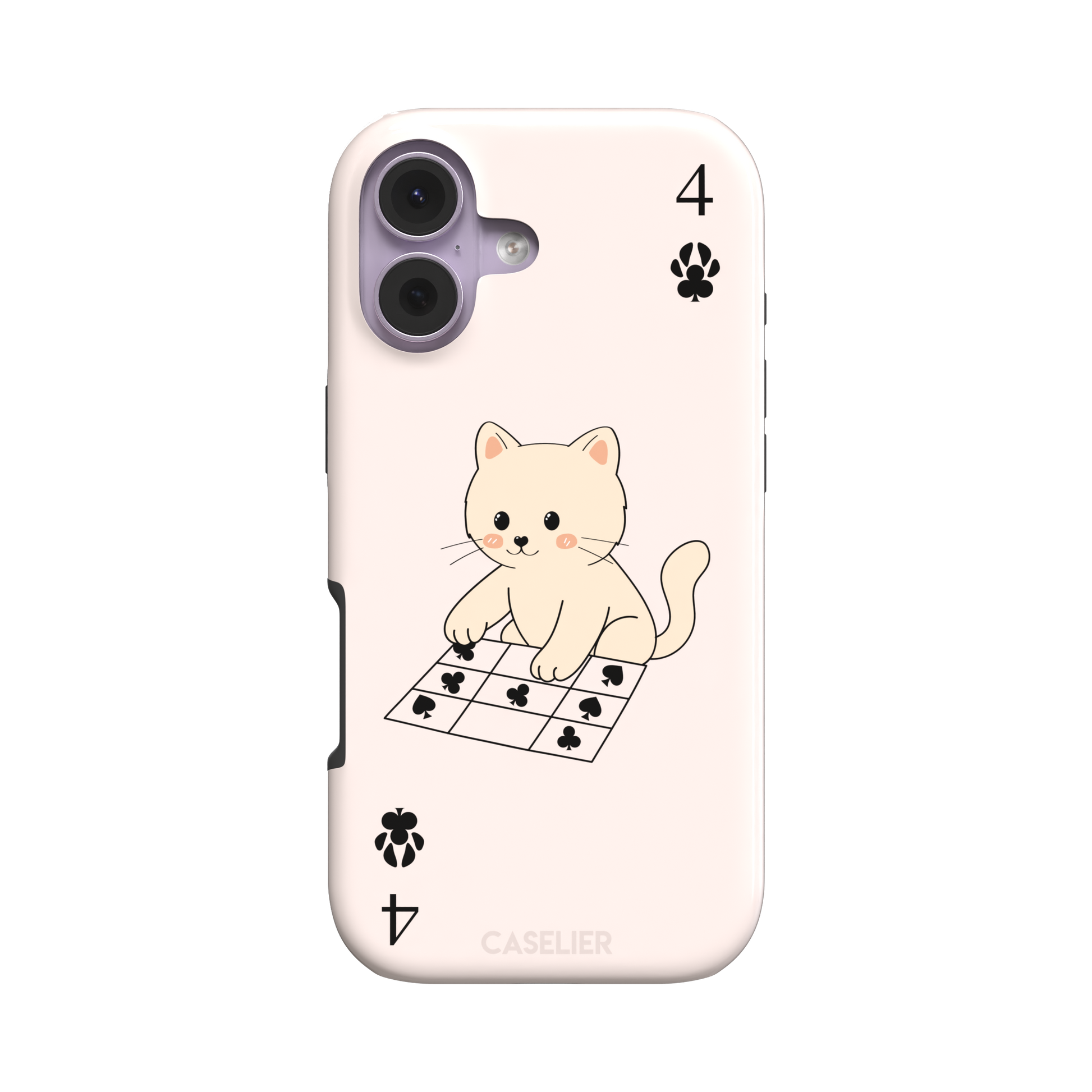 Four of Clubs phone case in blush pink with a kawaii kitten sitting on a grid of club suit symbols and a numeral four in each corner, phone case by Caselier — tough case, front view