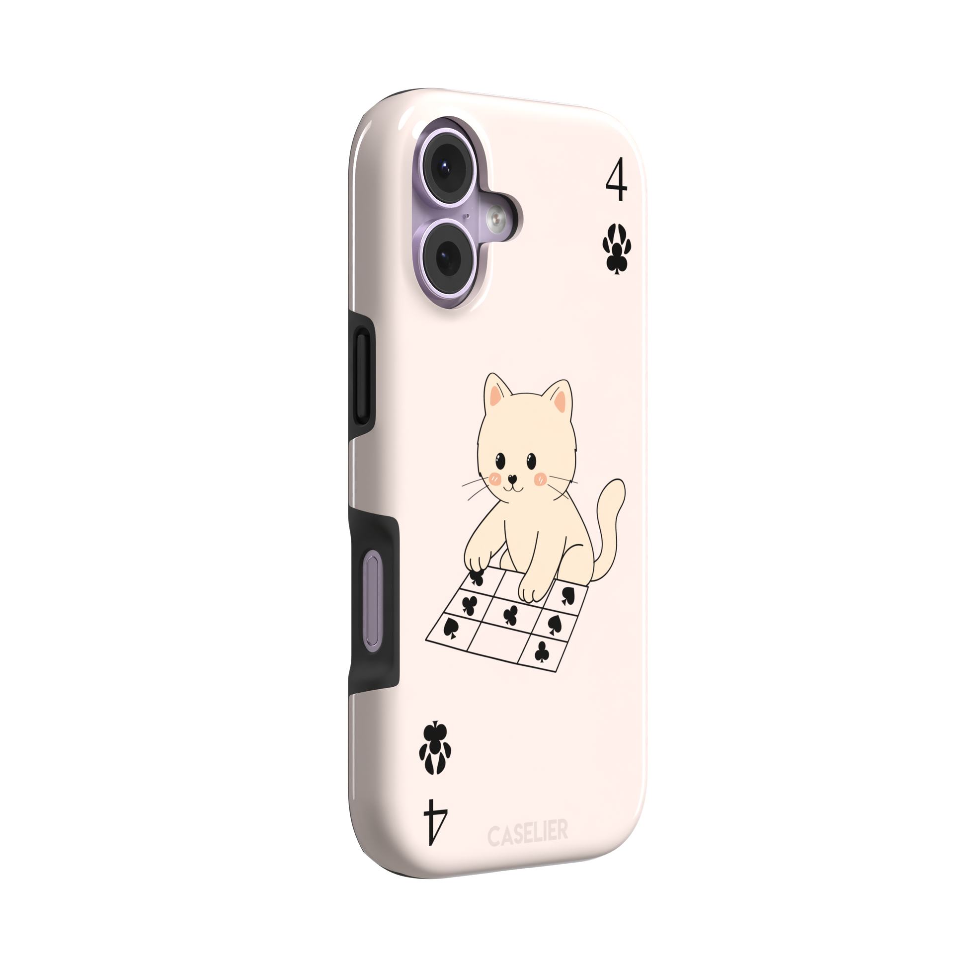Four of Clubs phone case in blush pink with a kawaii kitten sitting on a grid of club suit symbols and a numeral four in each corner, phone case by Caselier — tough case, left view