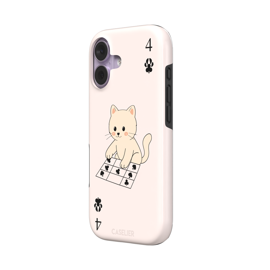Four of Clubs phone case in blush pink with a kawaii kitten sitting on a grid of club suit symbols and a numeral four in each corner, phone case by Caselier — tough case, right view