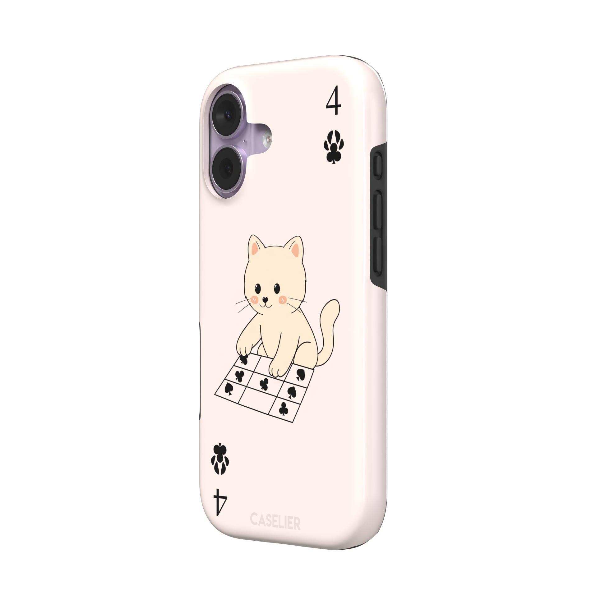 Four of Clubs phone case in blush pink with a kawaii kitten sitting on a grid of club suit symbols and a numeral four in each corner, phone case by Caselier — tough case, right view