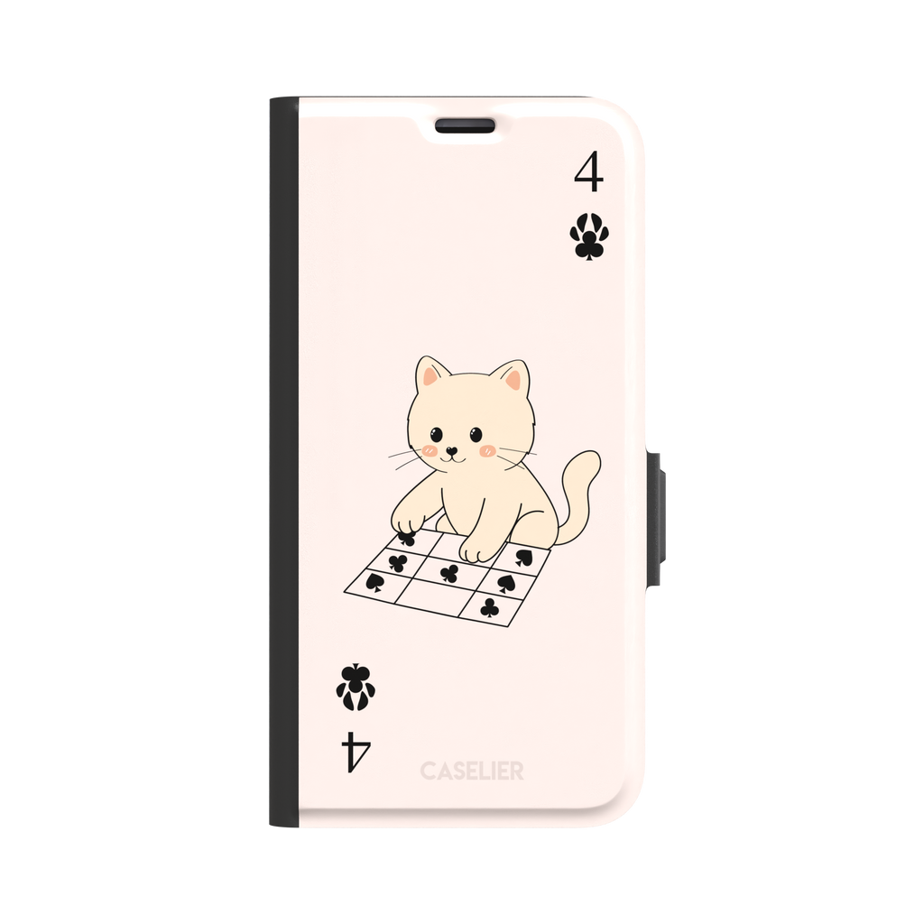 Four of Clubs phone case in blush pink with a kawaii kitten sitting on a grid of club suit symbols and a numeral four in each corner, phone case by Caselier — wallet case, front view