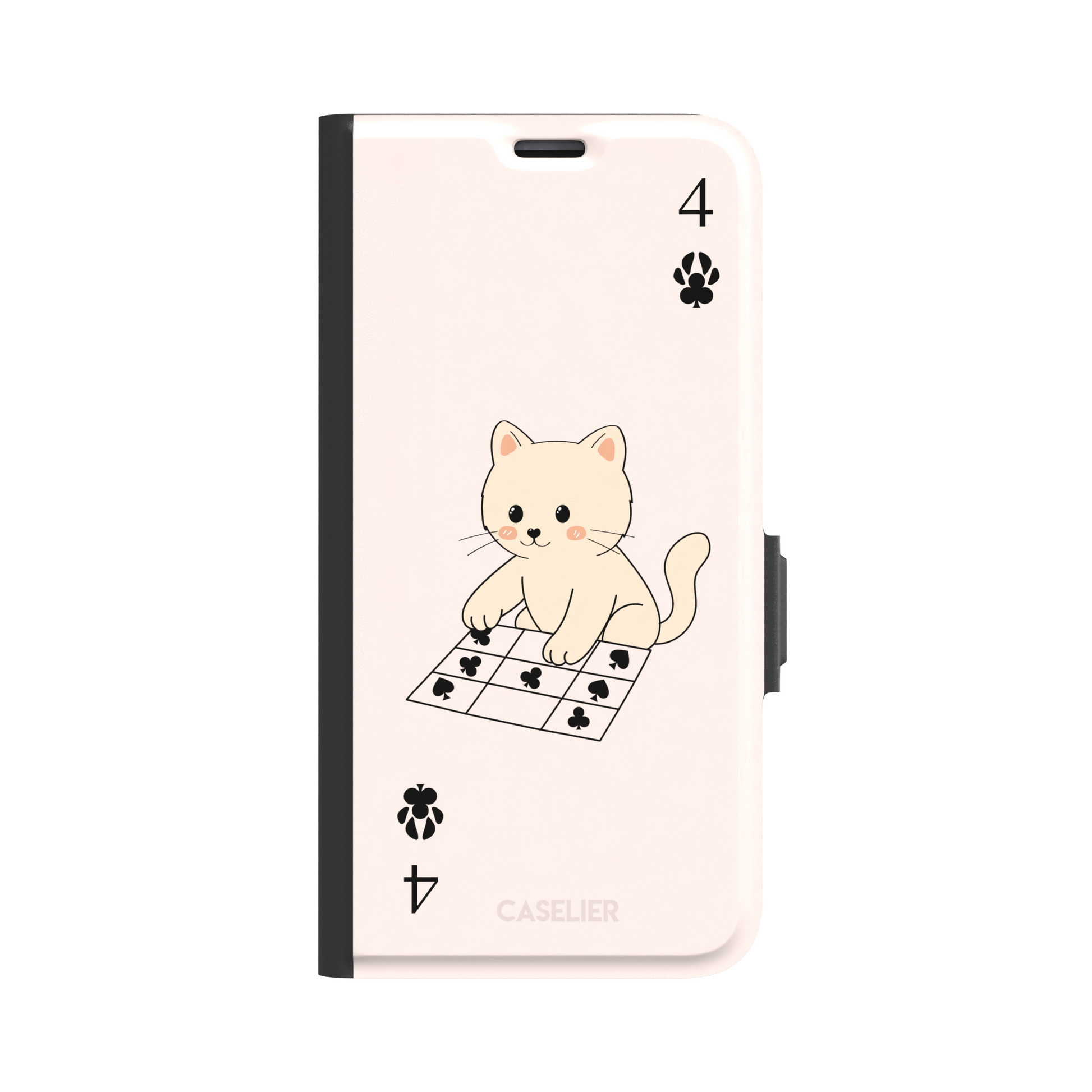 Four of Clubs phone case in blush pink with a kawaii kitten sitting on a grid of club suit symbols and a numeral four in each corner, phone case by Caselier — wallet case, front view