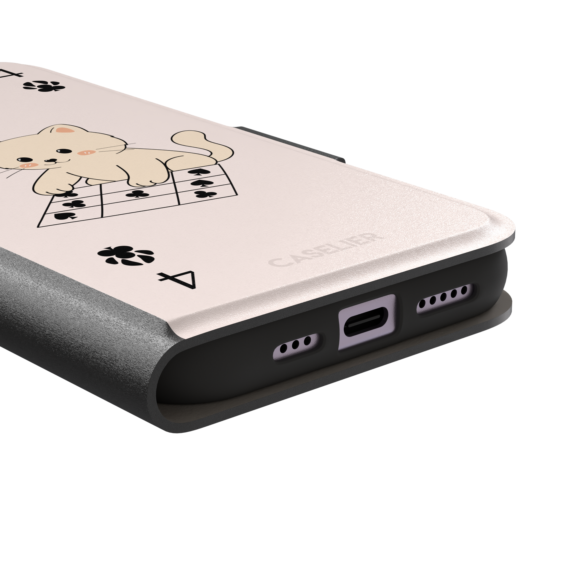 Four of Clubs phone case in blush pink with a kawaii kitten sitting on a grid of club suit symbols and a numeral four in each corner, phone case by Caselier — wallet case, charging port detail